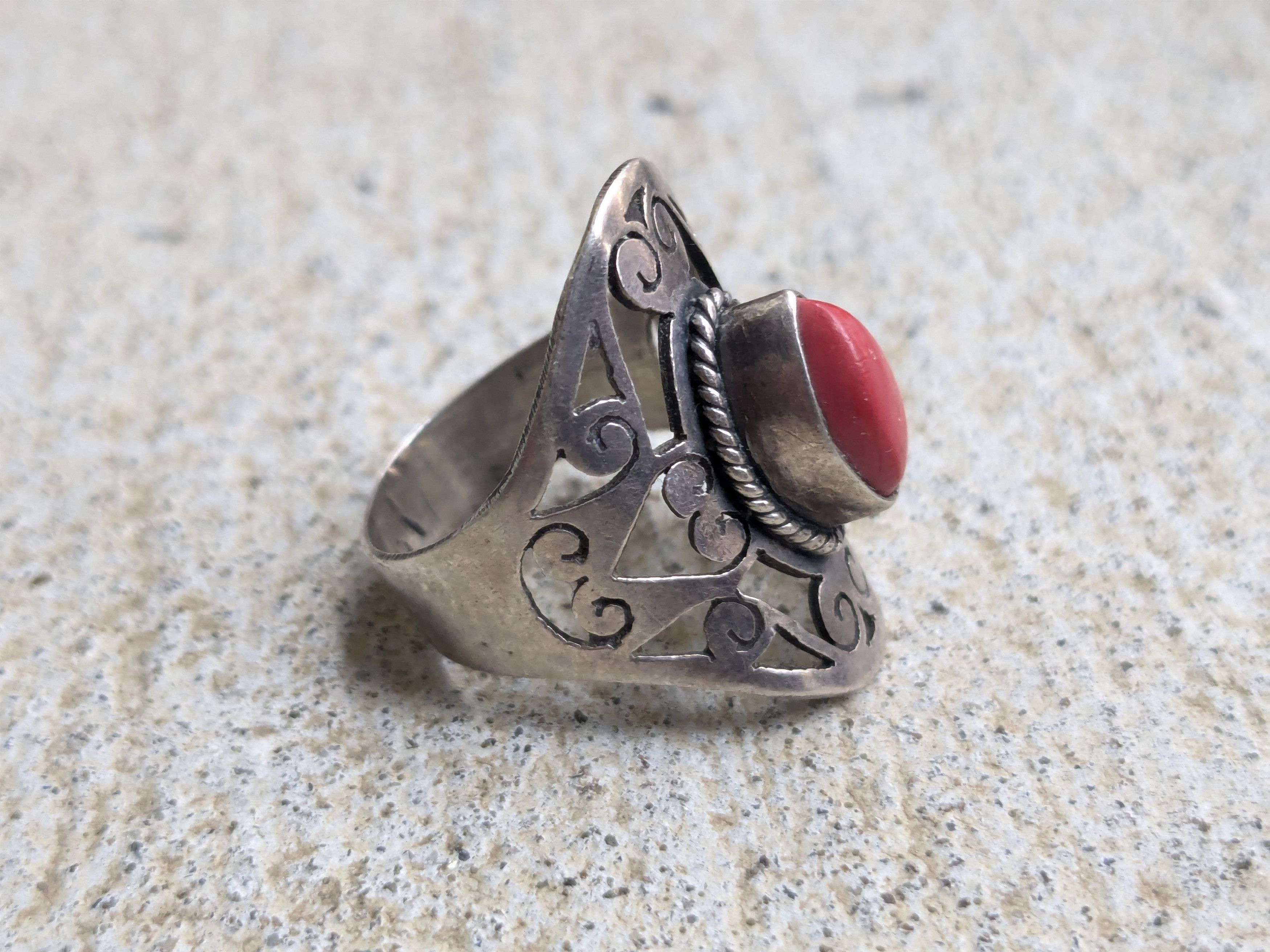 Jewelry × Sterling Silver Vintage Sterling Silver Ring 7.5 Red Coral Marquise Size ONE SIZE - 5 Thumbnail