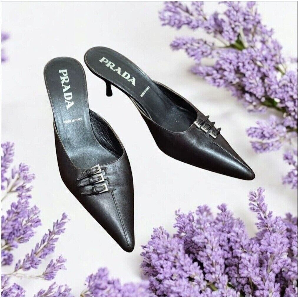 Prada Leather Kitten Mule Heels Brown Size EUR 38/US