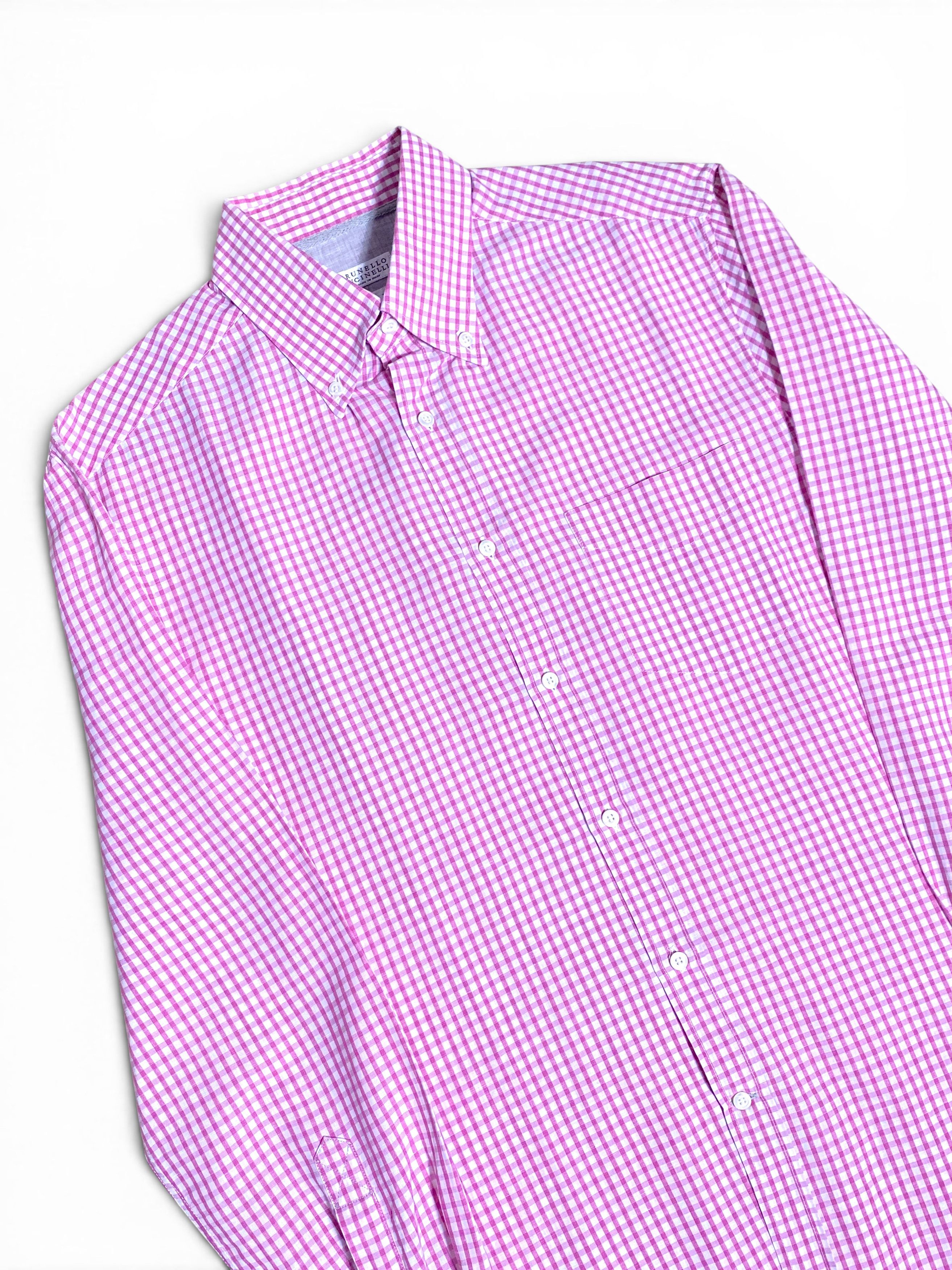 Brunello Cucinelli Brunello Cucinelli Pink White Check Cotton Linen Slim Shirt Size US M / EU 48-50 / 2 - 4 Thumbnail