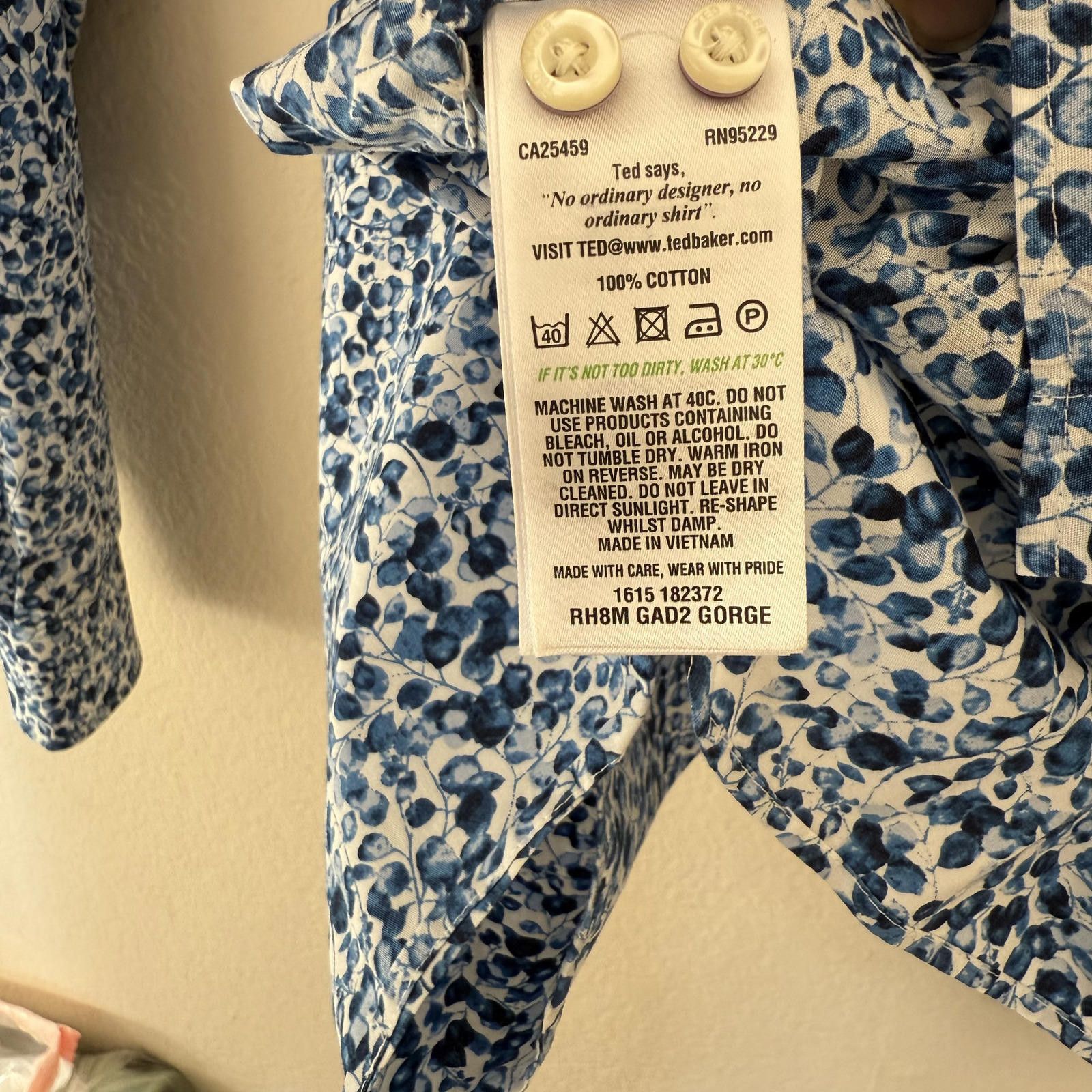 Ted Baker Ted Baker Shirt Men's 17.5 Blue Slim Fit Floral 100% Cotton Size US XL / EU 56 / 4 - 3 Thumbnail