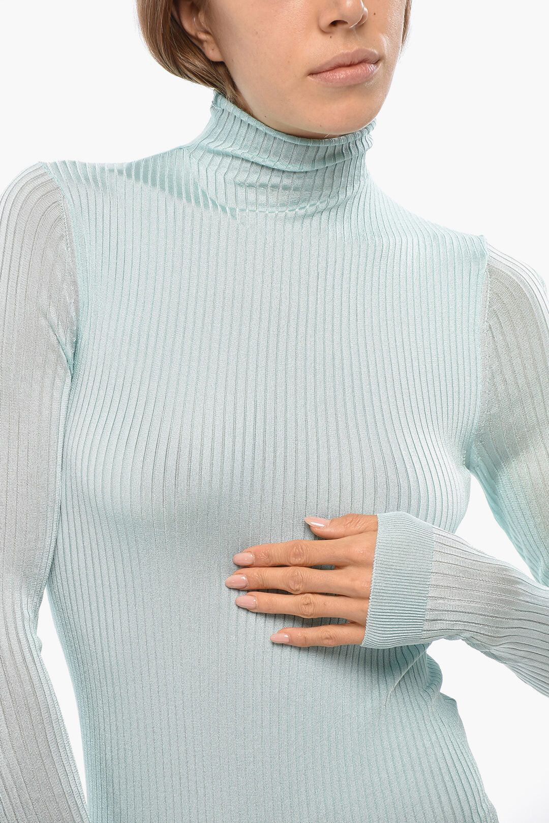 Fendi og1mm0326 Ribbed Hi-Neck Bodysuit in Light Blue Size XS / US 0-2 / IT 36-38 - 3 Thumbnail