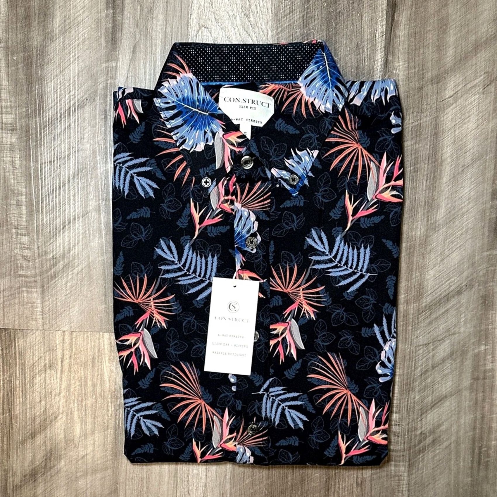 Vintage Con.Struct Shirt Slim Fit 4 Way Stretch Palm Print Short Sleeve Button Down S Men Blue Size US S / EU 44-46 / 1 - 2 Thumbnail