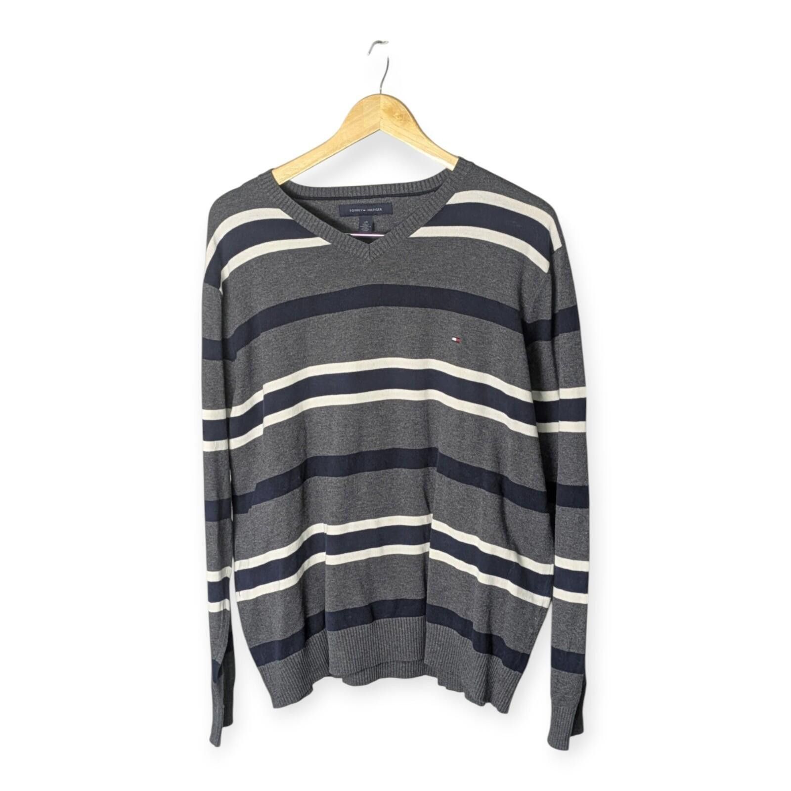 Tommy Hilfiger Tommy Hilfiger Men's Striped V-Neck Sweater - L - Cotton Size US L / EU 52-54 / 3 - 4 Thumbnail