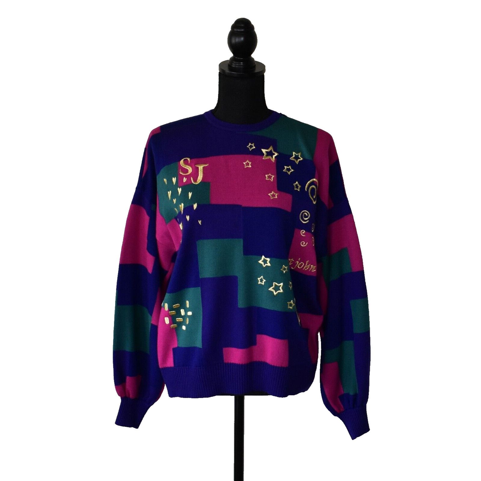 ST JOHN VTG Wool Knit Colorblock Gold Embroidered Sweater M