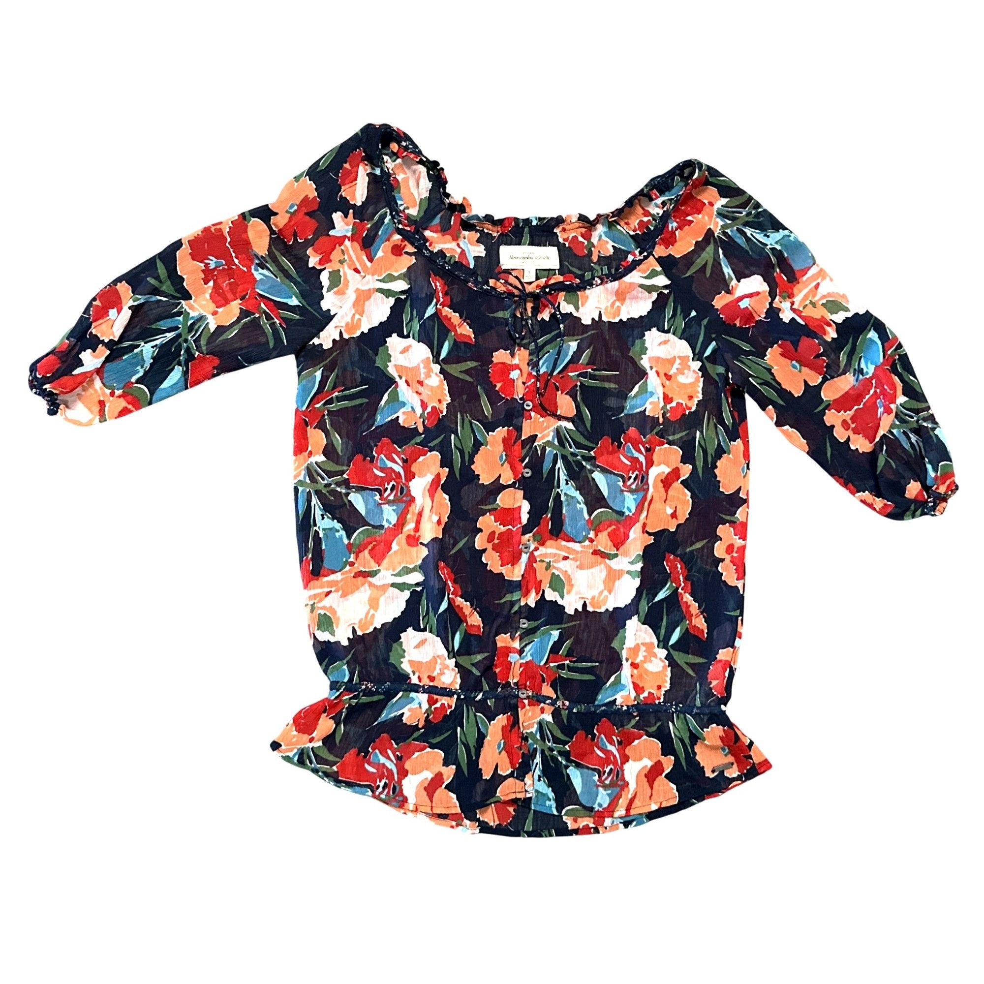 Abercrombie & Fitch Abercrombie Fitch Large Floral Peasant Sheer Boho Blouse Ruf Size L / US 10 / IT 46 - 10 Thumbnail