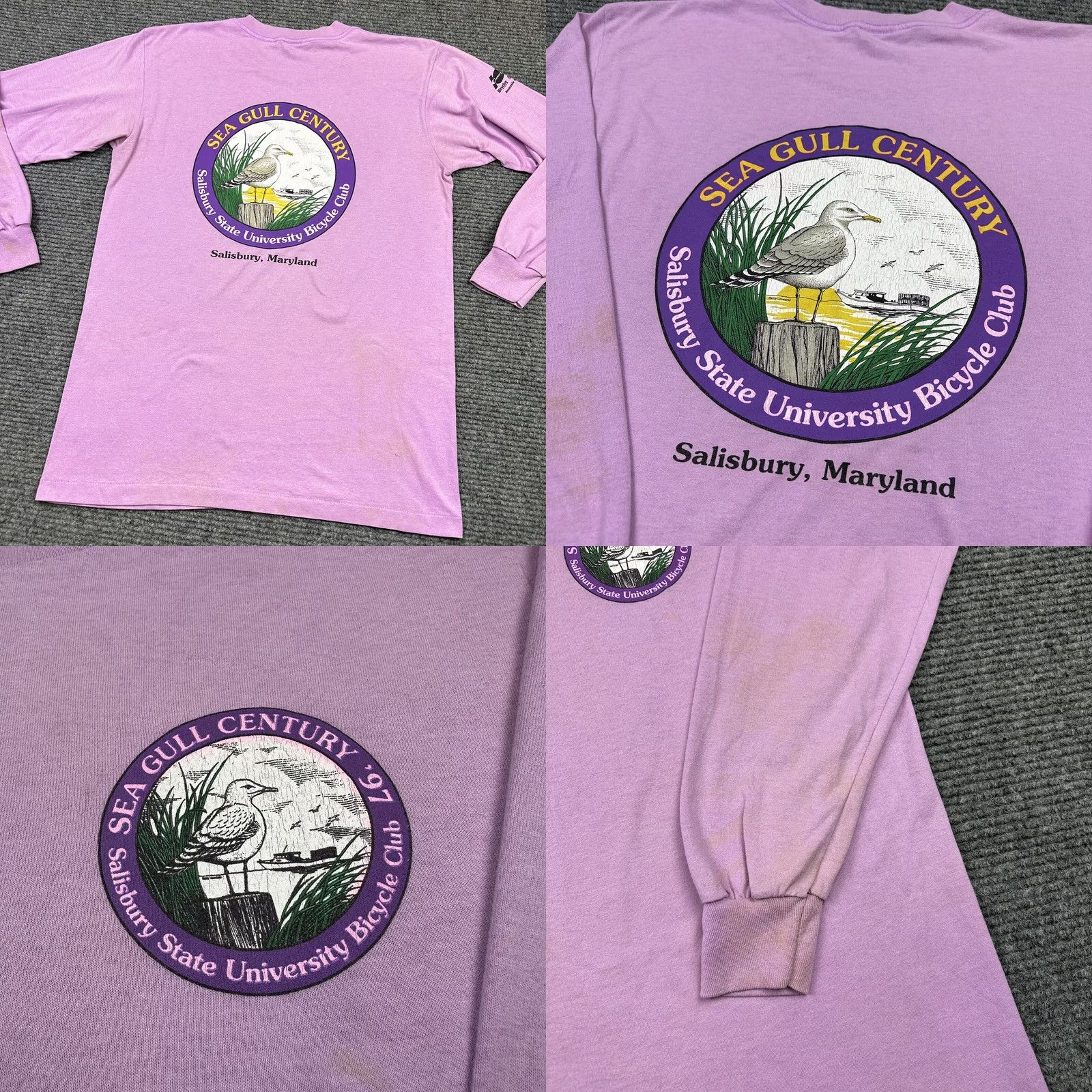 Vintage VINTAGE Salisbury State Bicycle Club Maryland Sea Gull Grunge T-Shirt Large White Pink 90s Unisex T-Shirt Mens Womens Size US L / EU 52-54 / 3 - 8 Thumbnail