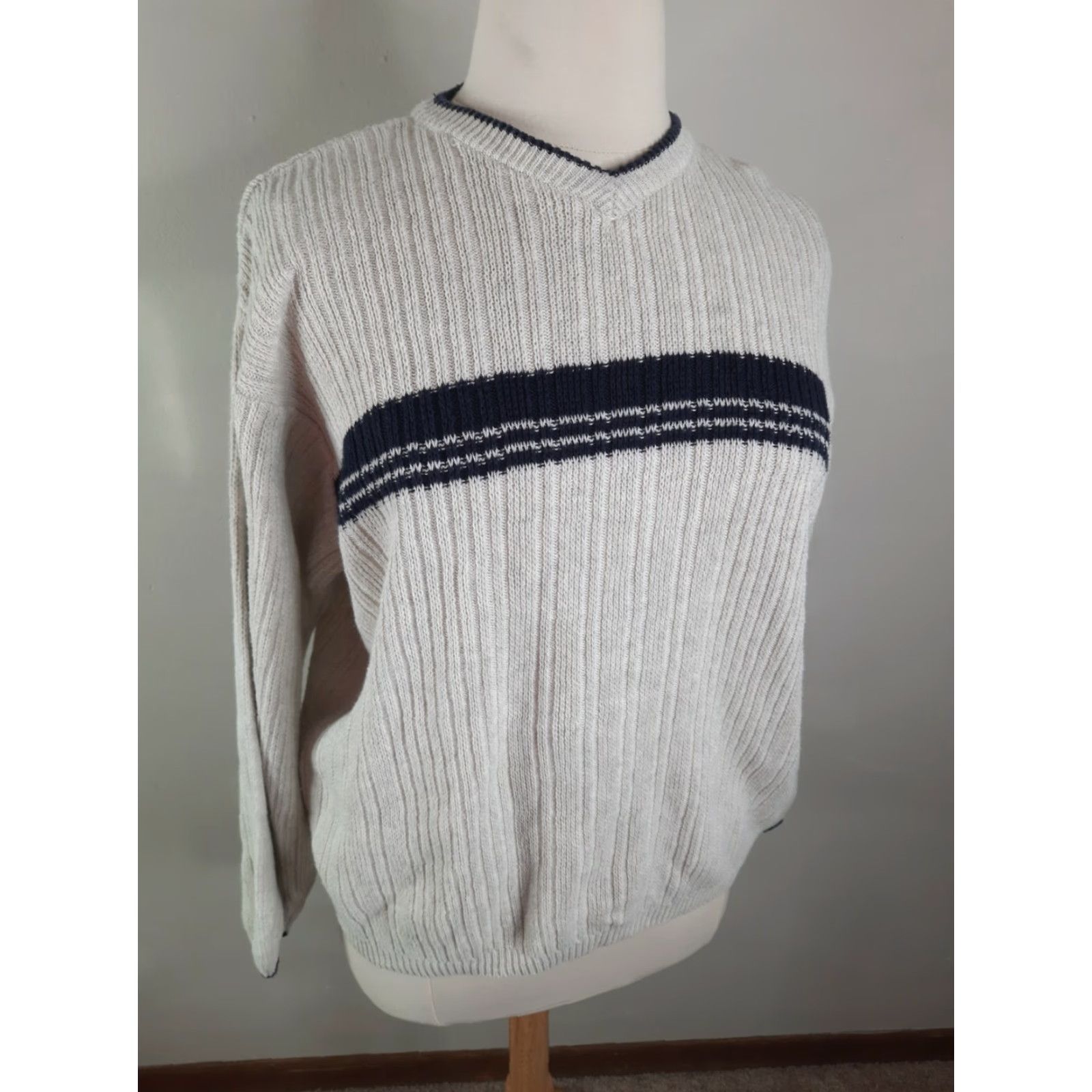 Vintage VINTAGE 90s Y2K Sonoma Womens XL V neck Striped Sweater Beige Blue Oversized Pullover Knit Shirt Women Size XL / US 12-14 / IT 48-50 - 4 Thumbnail