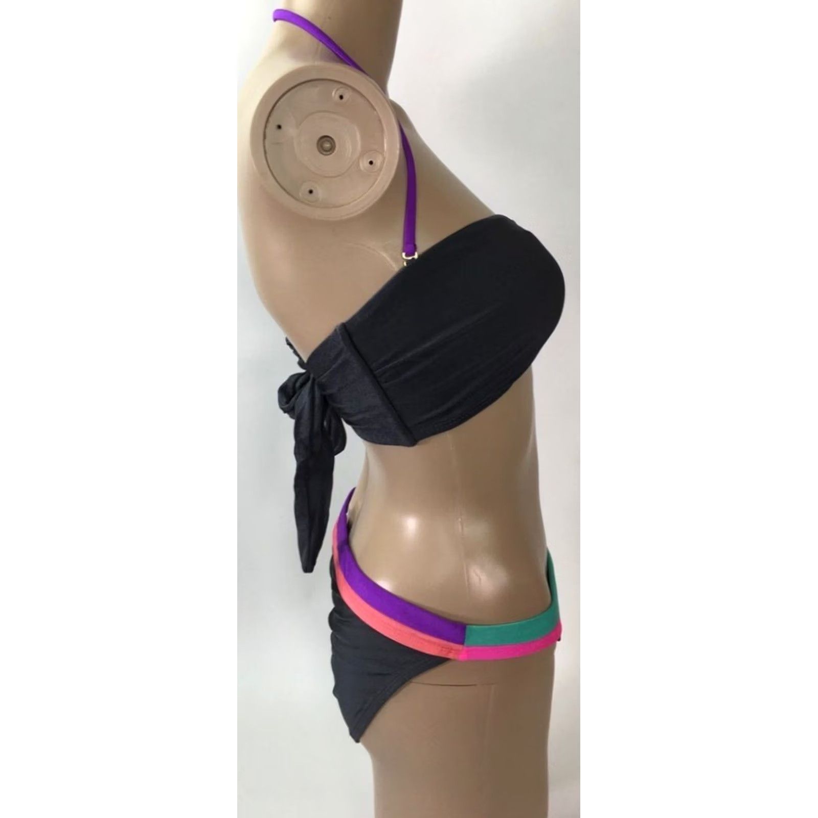 Vintage Raisin Womens Bikini Swimsuit Gray Pink Low Rider Bottom Anya Bandeau XL New Size 40" / US 18 - 2 Thumbnail