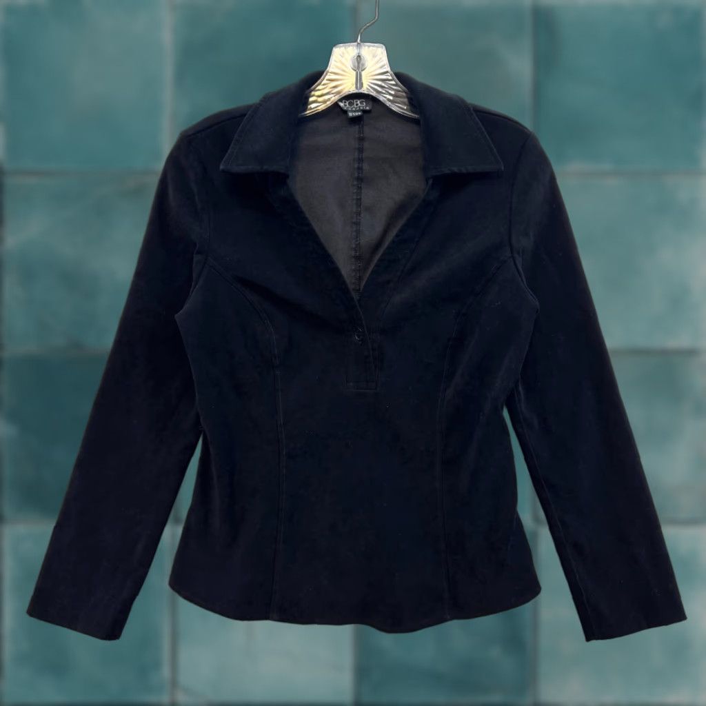 VINTAGE 90s Y2K BCBG Black Suede Collared Top Blouse Shirt Medium M Office Corpcore Womens