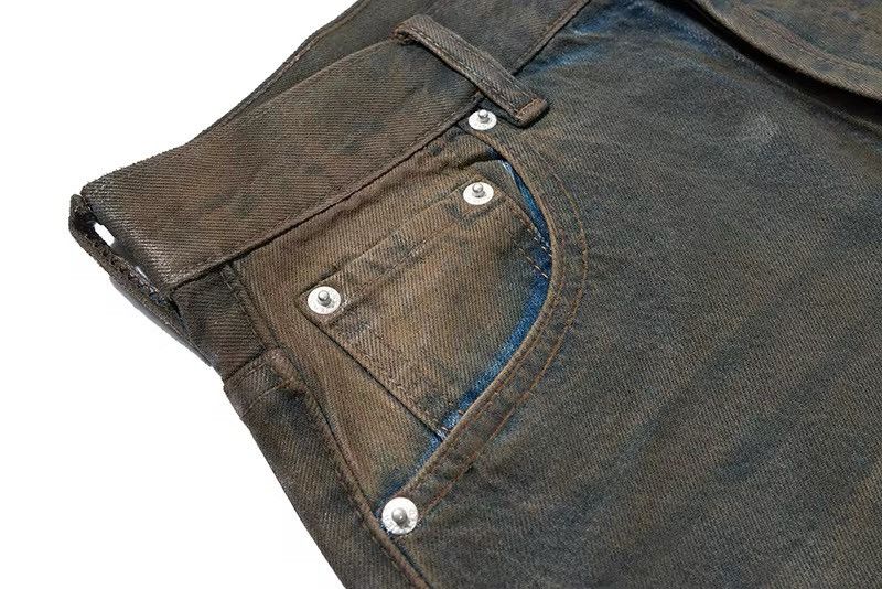 Vintage Oil Wax Distressed Mud Coated Brown Design Jeans Size US 31 - 12 Thumbnail