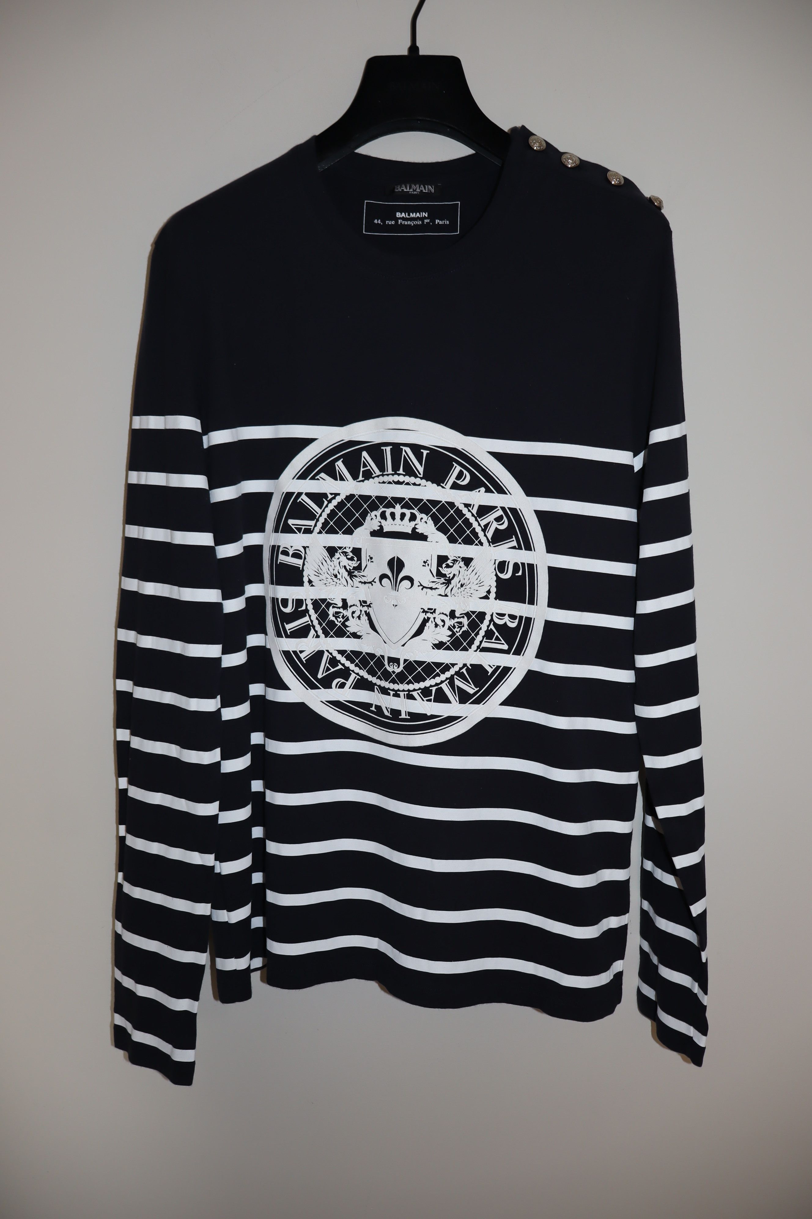 Balmain Navy striped logo t-shirt Size US M / EU 48-50 / 2 - 1 Thumbnail