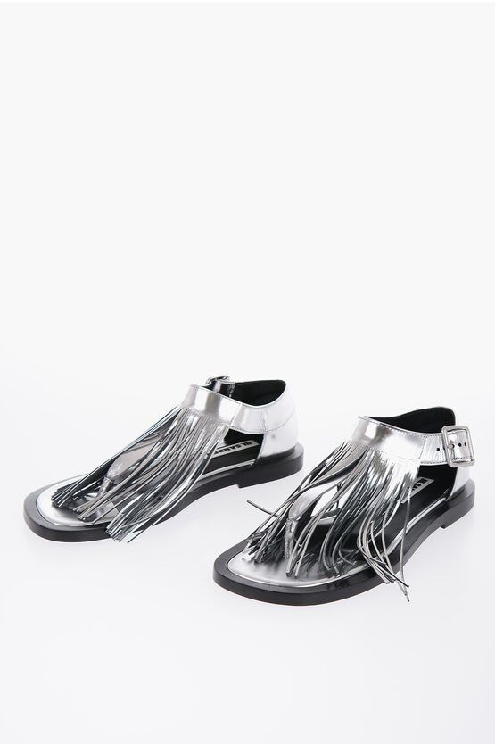 image of Jil Sander Fringed Leather Sandals With Buckle in Silver, Women's (Size 8)