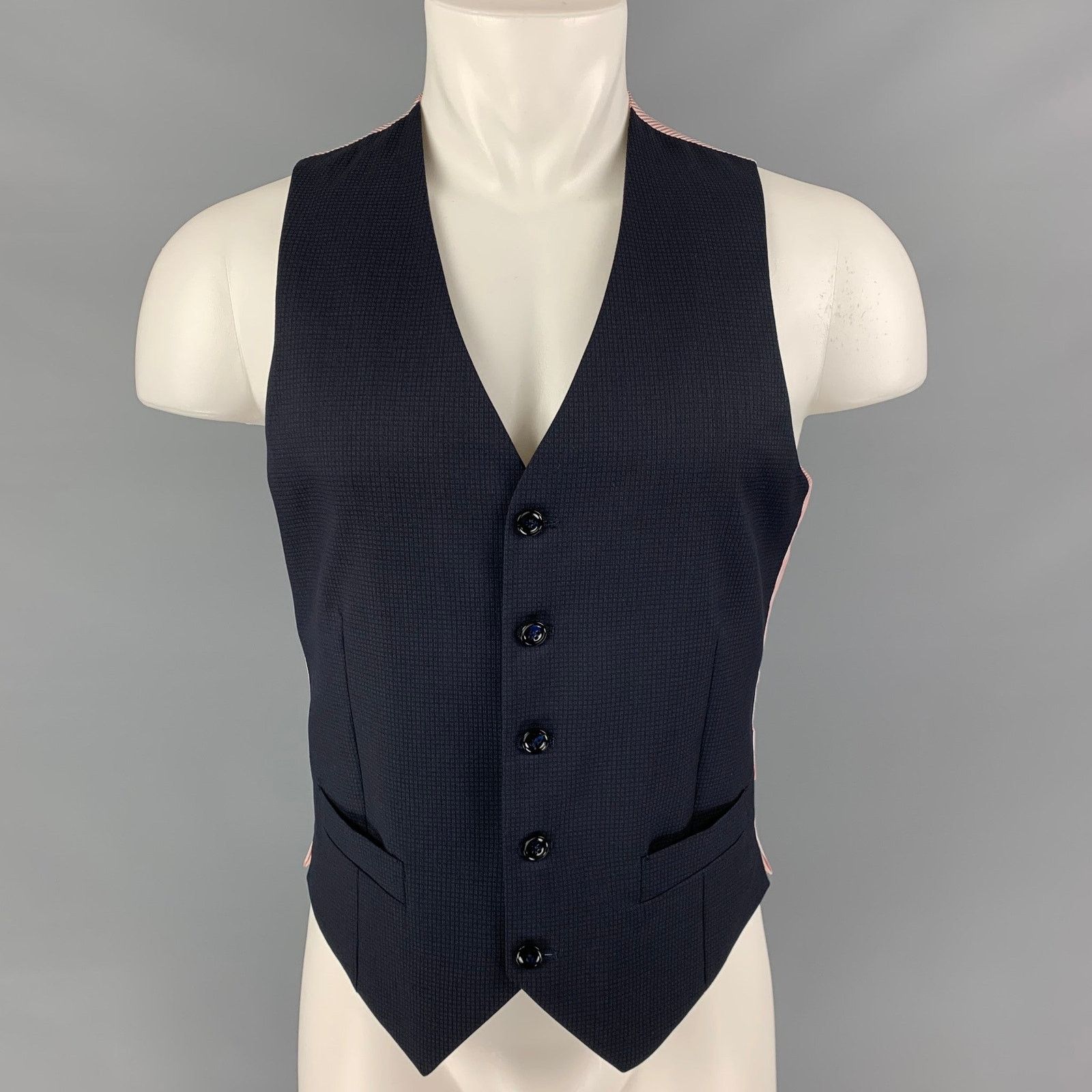 Giorgio Armani GIORGIO ARMANI Size 36 Navy Grid Wool Silk Buttoned Vest Size 36R - 1 Thumbnail