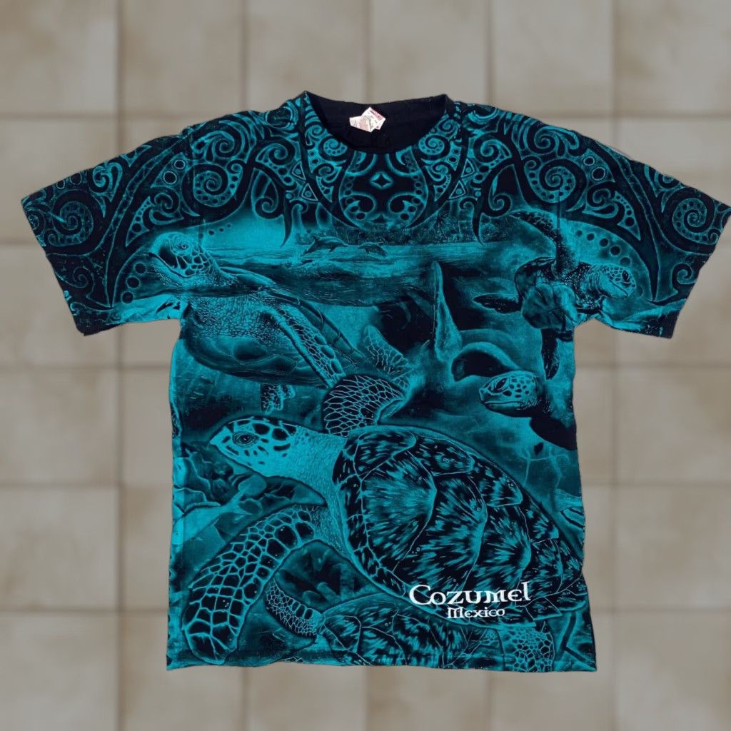 Gildan VINTAGE Gildan Tee Shirt T-Shirt Men Short Sleeve Crew Neck All Over Print Teal Blue Sea Turtles Mexico Cozumel Y2K - S Size US S / EU 44-46 / 1 - 1 Thumbnail