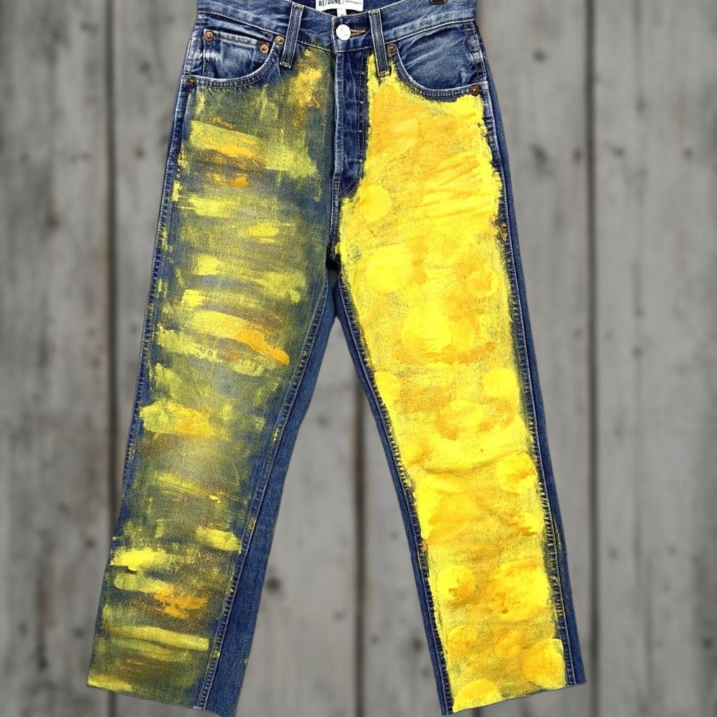 Vintage Redone Jeans Womens 24 Mid Rise Button Fly Straight Leg Painted Boho Denim Blue 5-Pocket Design Style Straight Vintage No Brand Redone Size 42" / US 20 - 1 Thumbnail