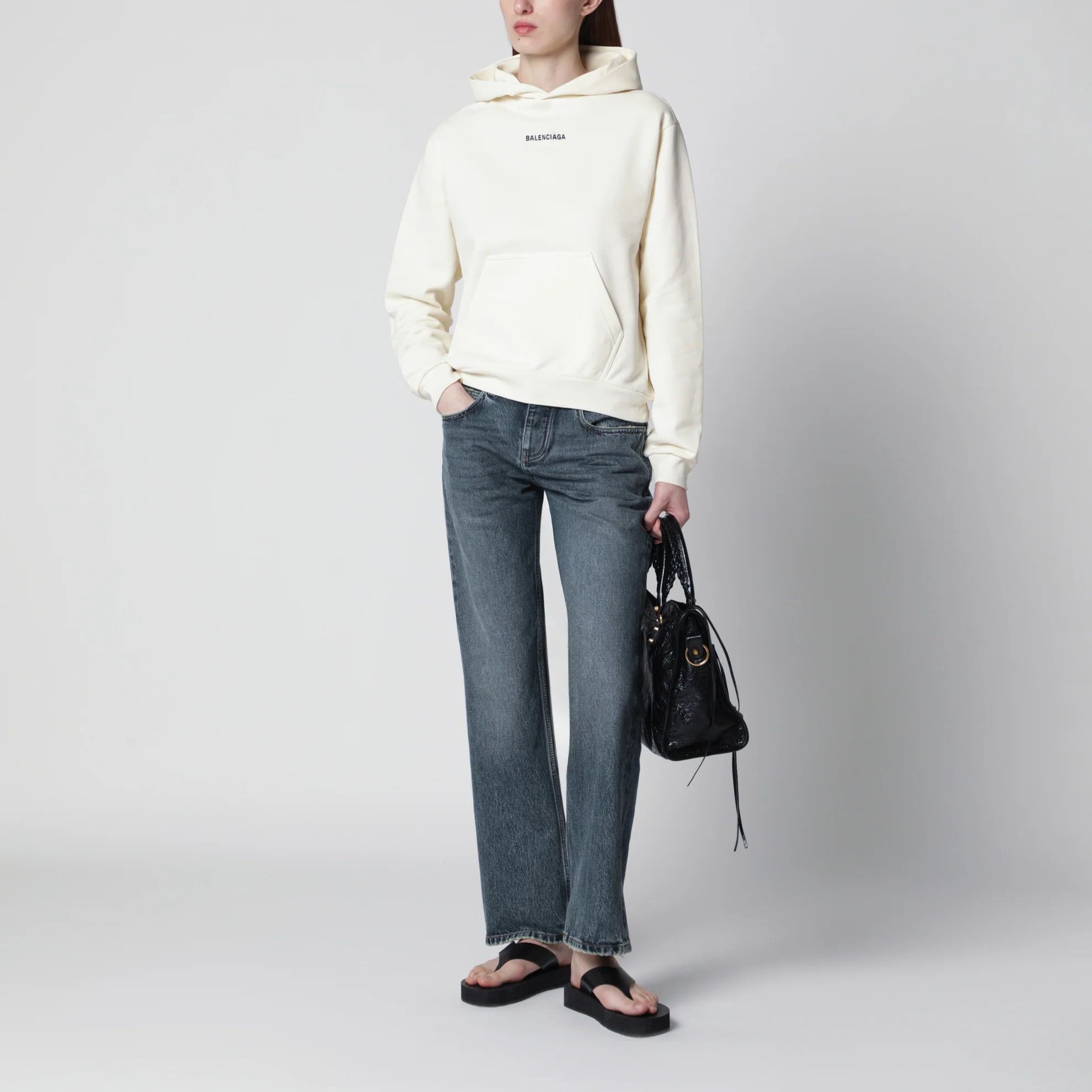 Balenciaga o1d2blof0426 Medium-fit Embroidered Hoodie in Cream Size XS / US 0-2 / IT 36-38 - 2 Thumbnail
