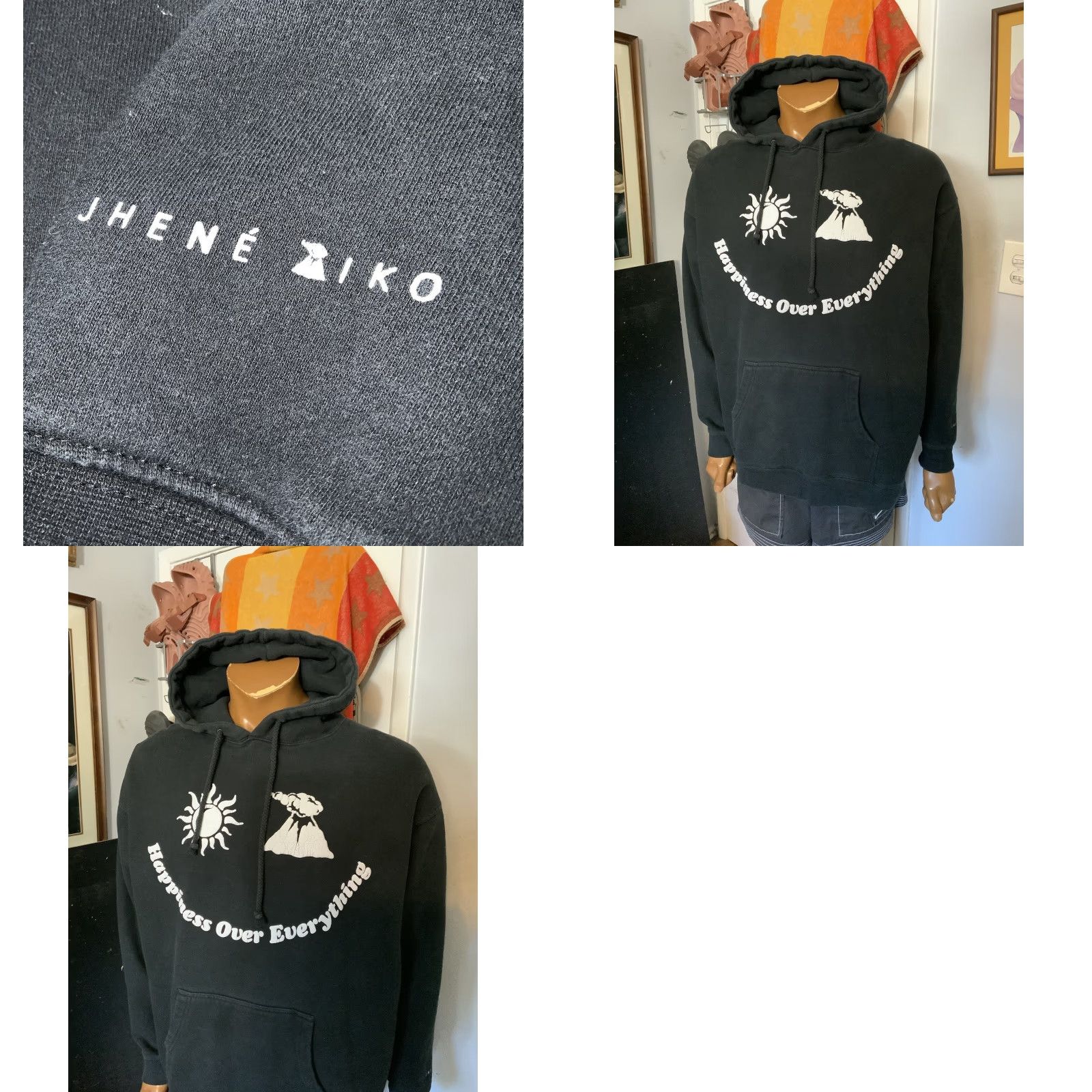 Vintage Jhene Aiko Happiness Over Everything Puff Print Official Merch Pullover Hoodie L Black Mens Size US L / EU 52-54 / 3 - 8 Thumbnail