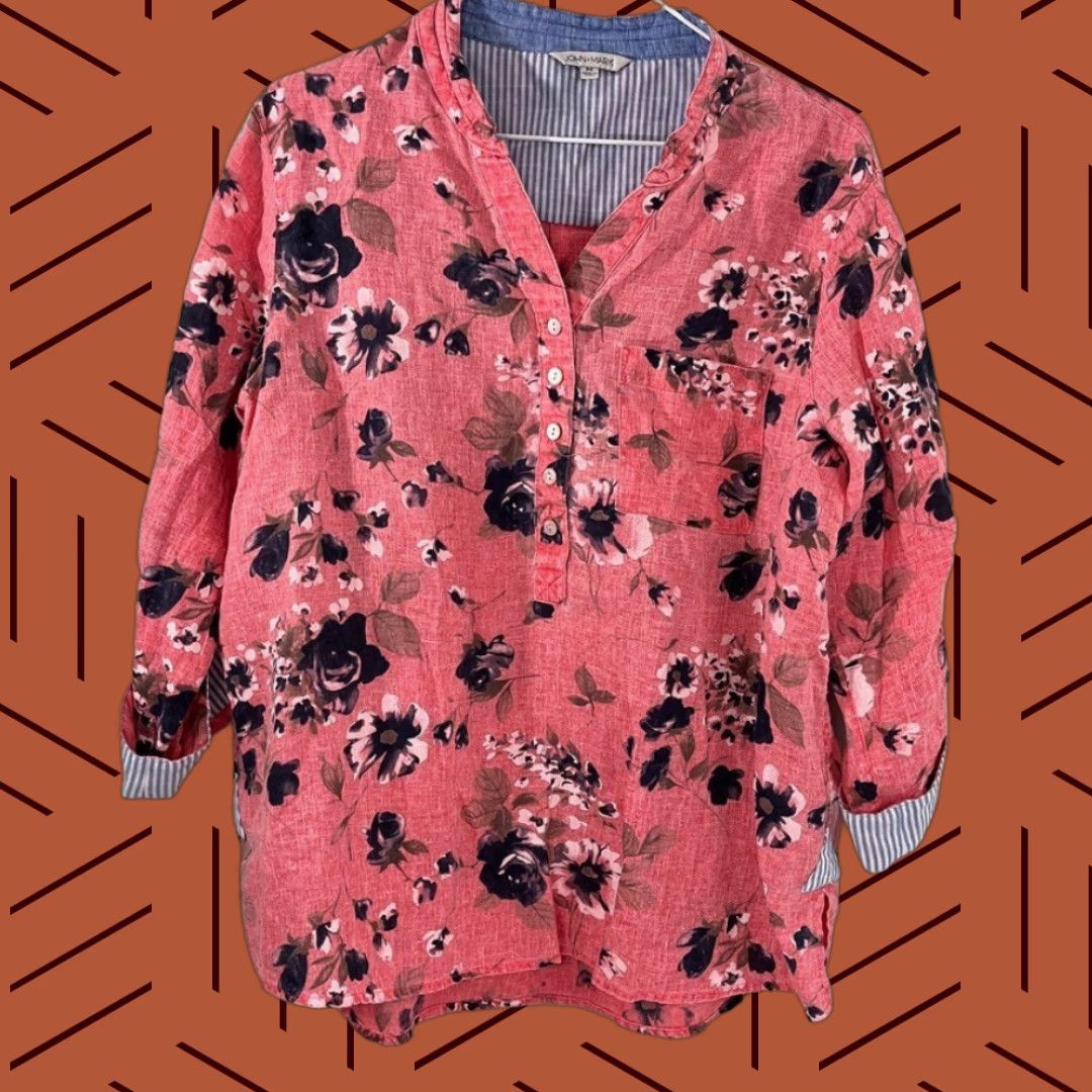 Vintage John Mark Blouse Womens M Pink Floral Linen Popover Roll Tab Wired Collar Boho Size M / US 6-8 / IT 42-44 - 1 Thumbnail