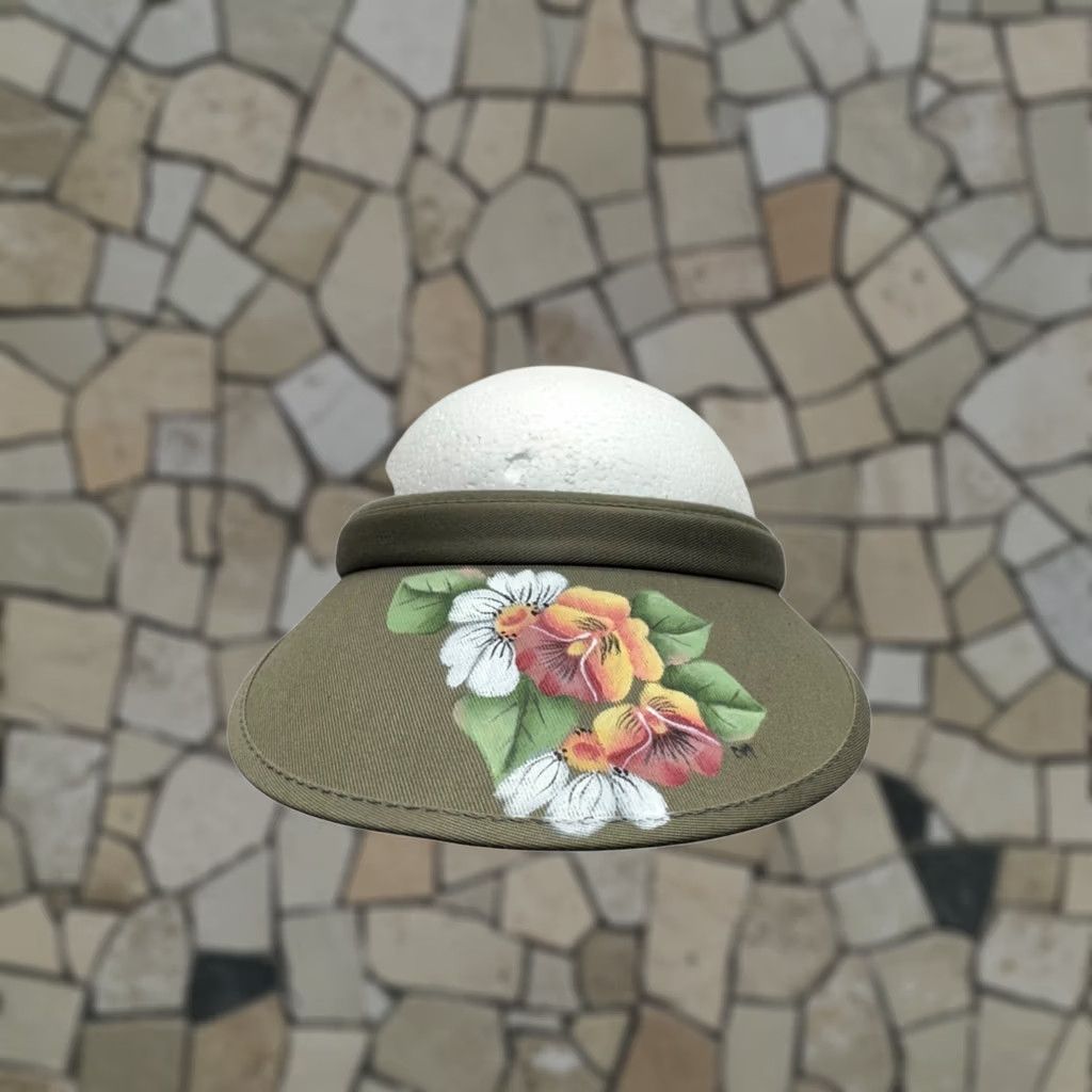 Olive Olive Green Sun Visor Floral Hand-Painted Adjustable Fit Womens One Size Visor Summer Casual Pattern: Floral Size ONE SIZE - 1 Thumbnail