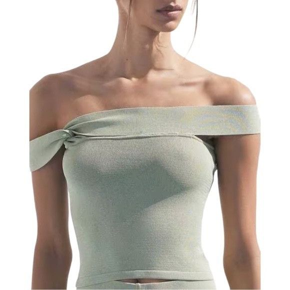 Cult Gaia NEW Cult Gaia Kimmy Knit Fitted Off Shoulder Top in Moonston Size L / US 10 / IT 46 - 13 Thumbnail