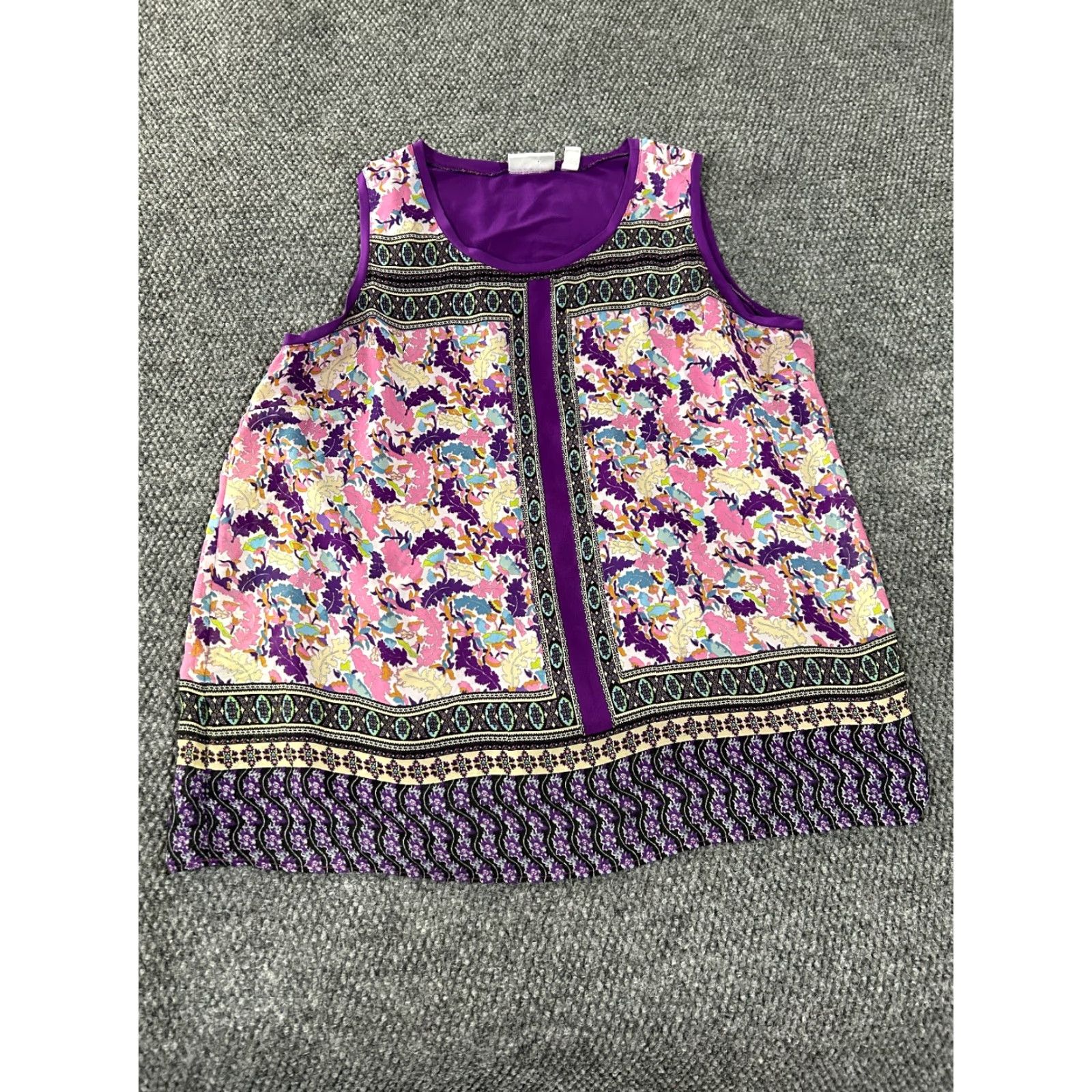 Vintage Susan Graver Tunic Blouse sleeveless Womens Large Purple Floral Knit Polyester Spandex Casual Shirt Size L / US 10 / IT 46 - 2 Thumbnail