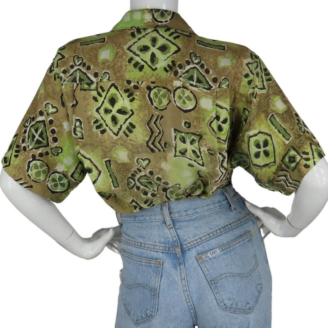 image of 50S Vintage Hawaiian Tiki Tribal Rayon Rockabilly Shirt in Green, Men's (Size Small)