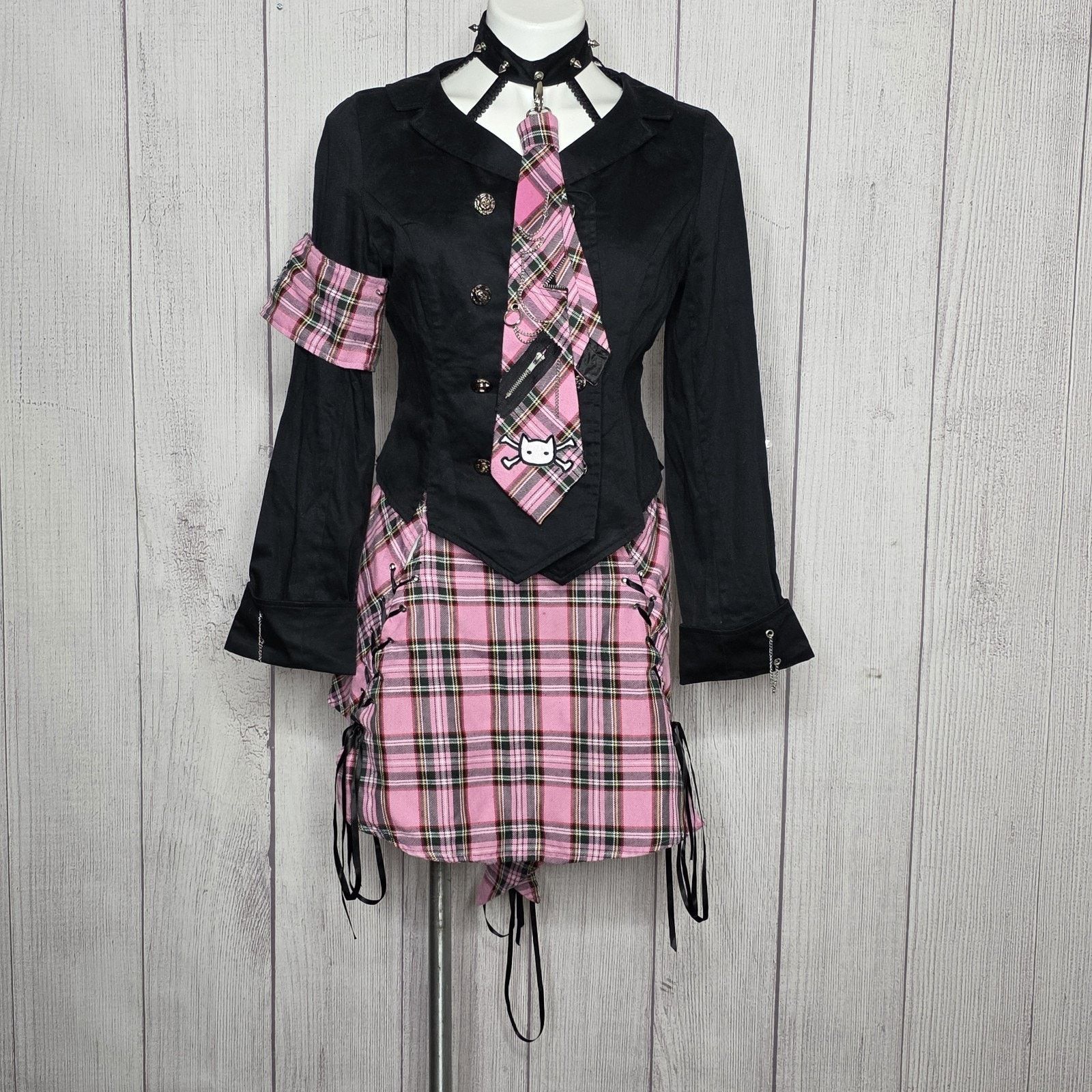 Vintage BODY LINE Y2K Lolita Goth Schoolgirl Plaid Skirt Tie Jacket Size 26" / US 2 / IT 38 - 1 Thumbnail