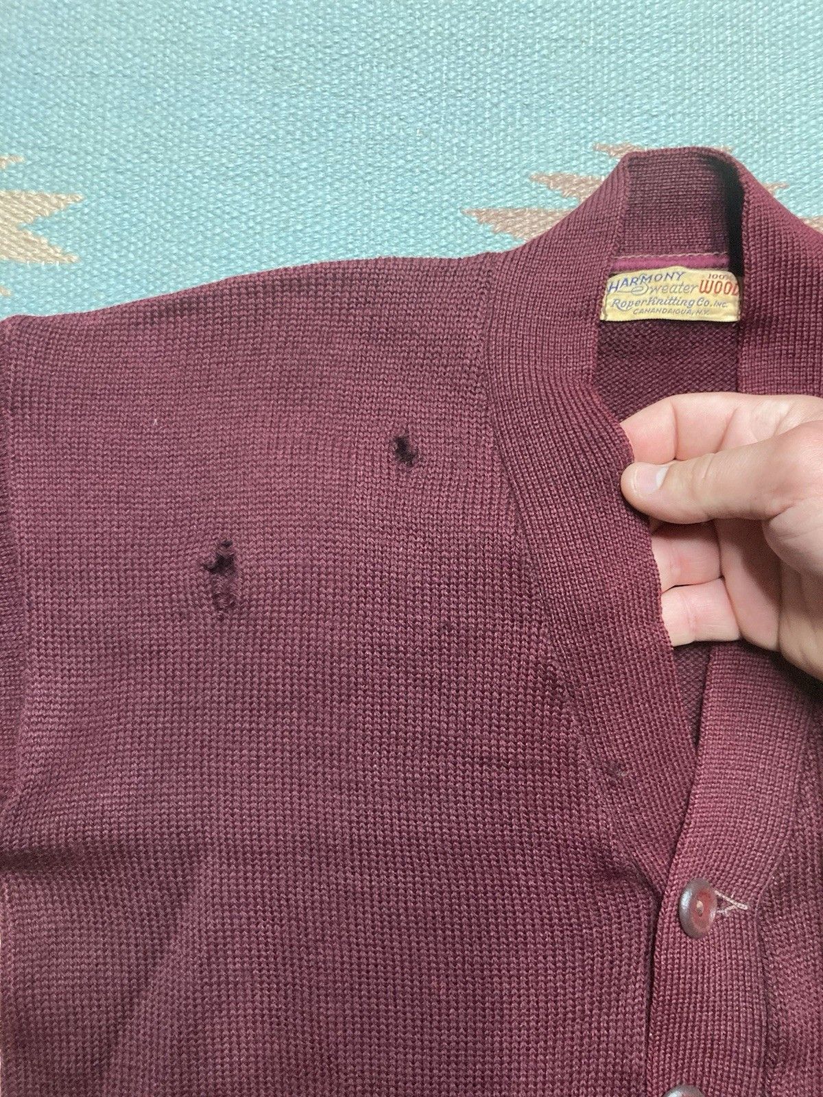 Vintage 1950s wool cardigan sweater button front maroon distressed M Size US M / EU 48-50 / 2 - 2 Thumbnail
