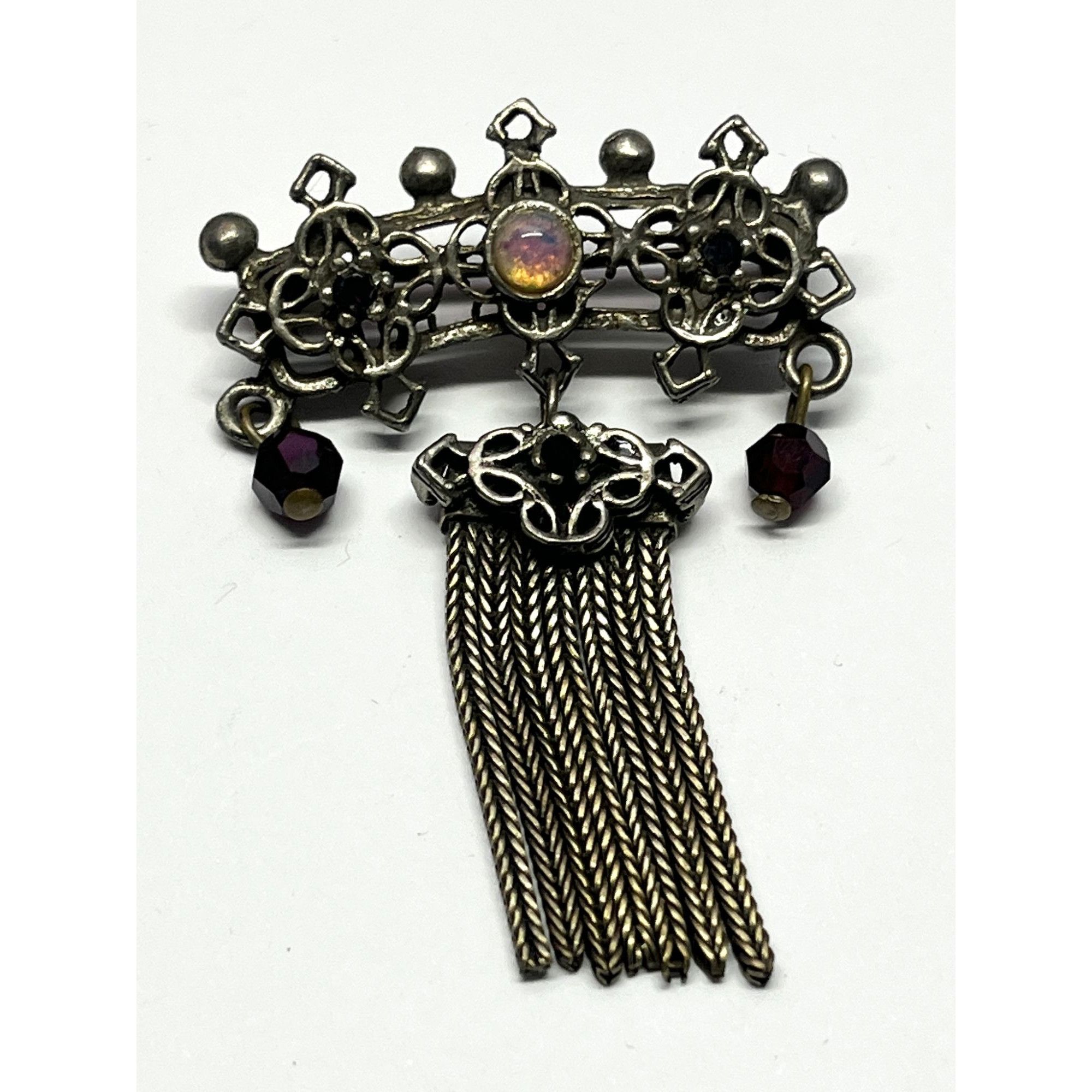 Estate Opal Rhinestone Tassel Brooch Pin