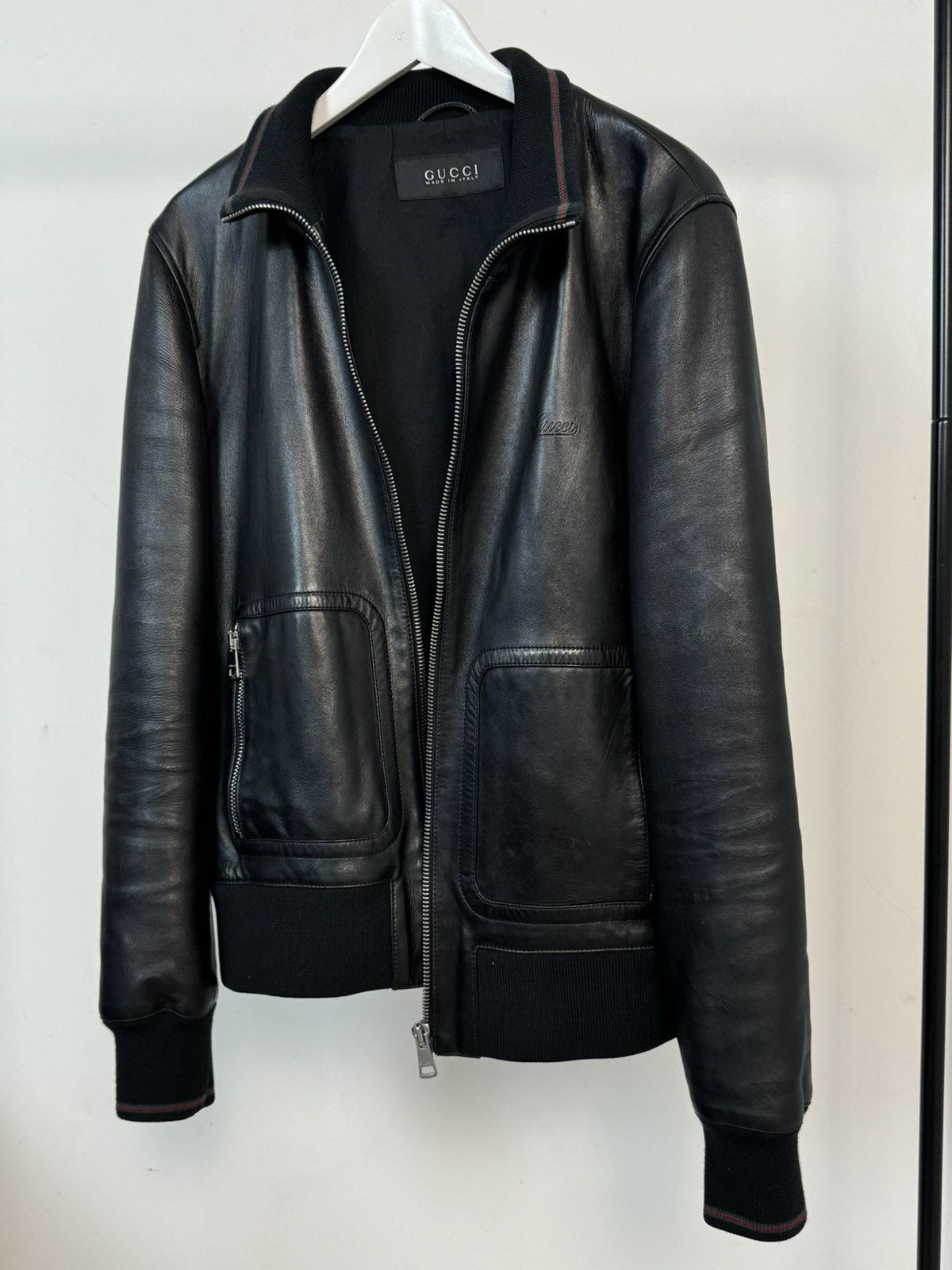 image of Gucci Web Leather Bomber 52 Large Rrp $4,200 Tom Ford Era in Black, Men's