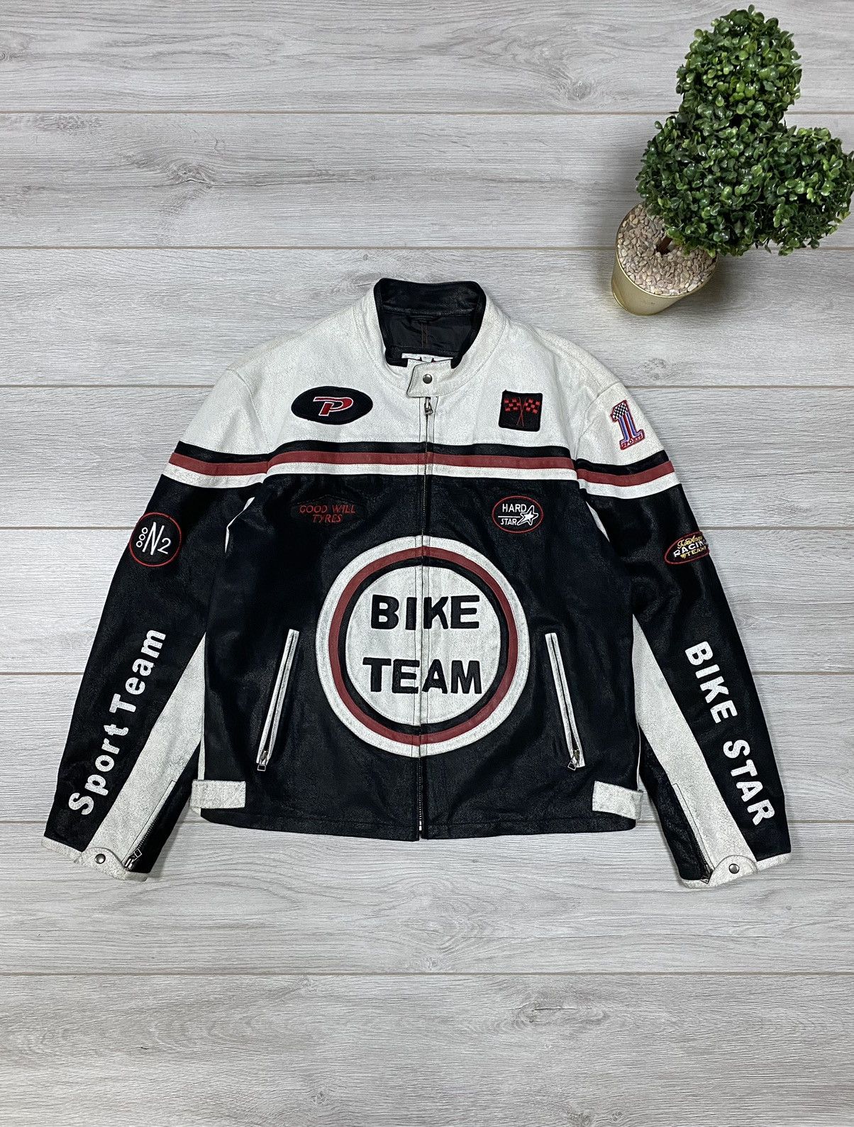 image of Leather Jacket x Moto Bike Team Vintage Leather Racing Jacket in Black/White, Men's (Size XL)