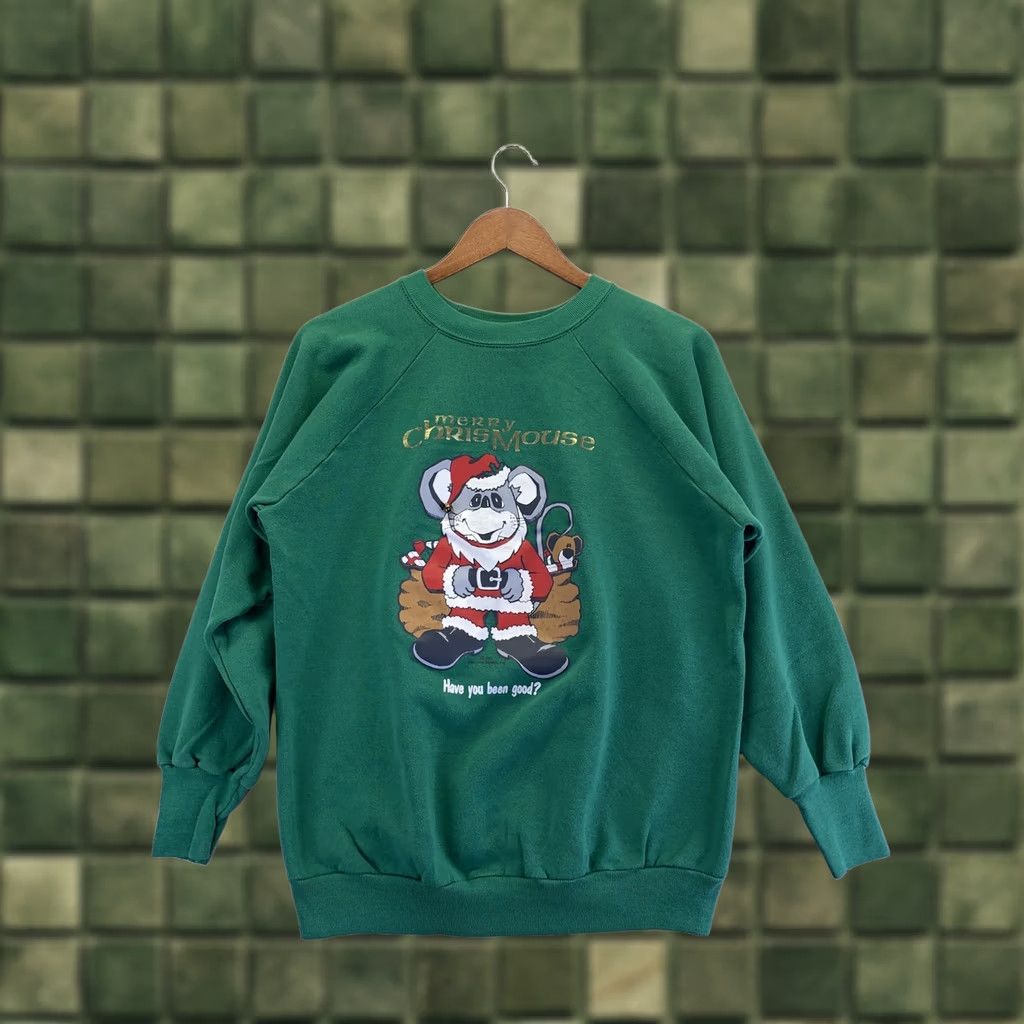 Vintage VINTAGE Signal USA Merry ChrisMouse Sweatshirt Womens L Green 1987 1980s Christmas Graphic Cotton Blend Size L / US 10 / IT 46 - 1 Thumbnail