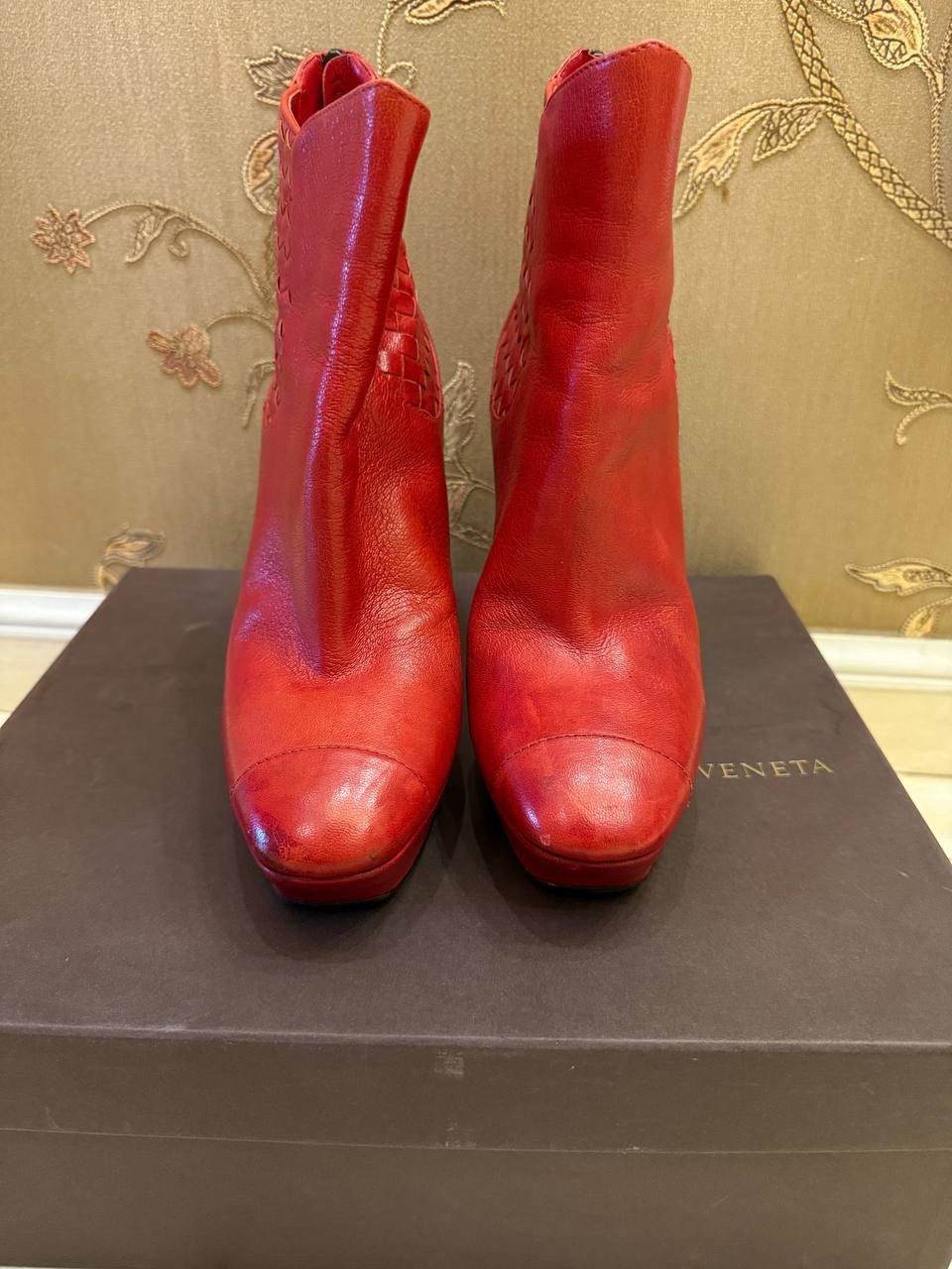 Bottega Veneta Bottega Veneta Red Leather Intrecciato Platform Ankle Boots Size US 10 / IT 40 - 4 Thumbnail