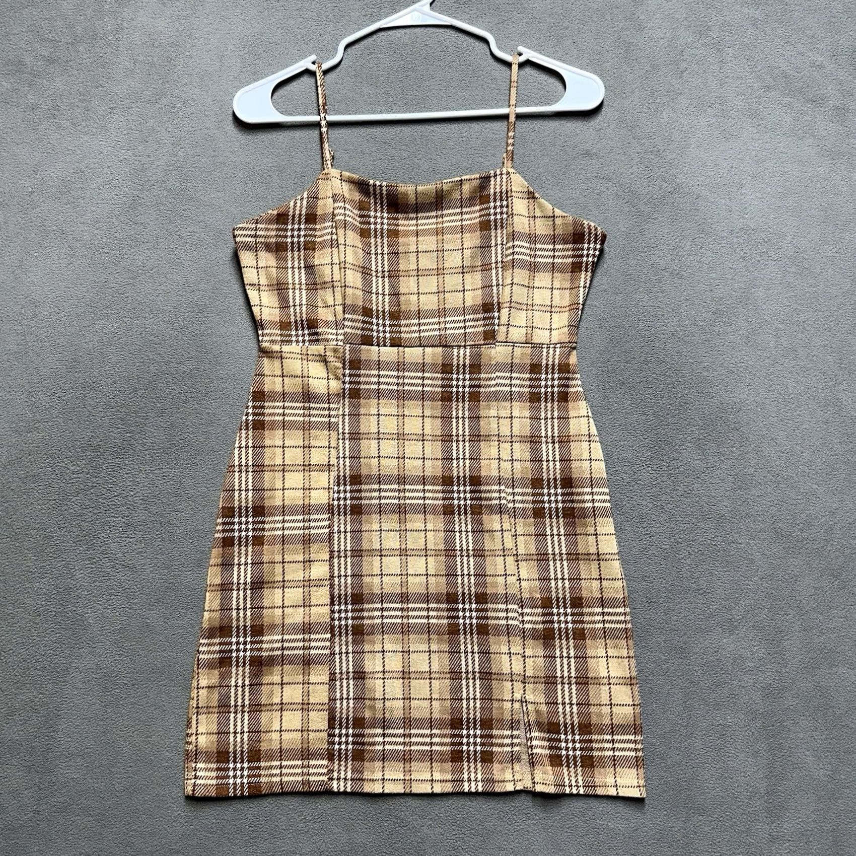 Vintage Ultra Flirt Beige Plaid Mini Dress Womens M Sleeveless Spaghetti Strap Rayon EUC Casual Party/Cocktail Dress Size M / US 6-8 / IT 42-44 - 2 Thumbnail