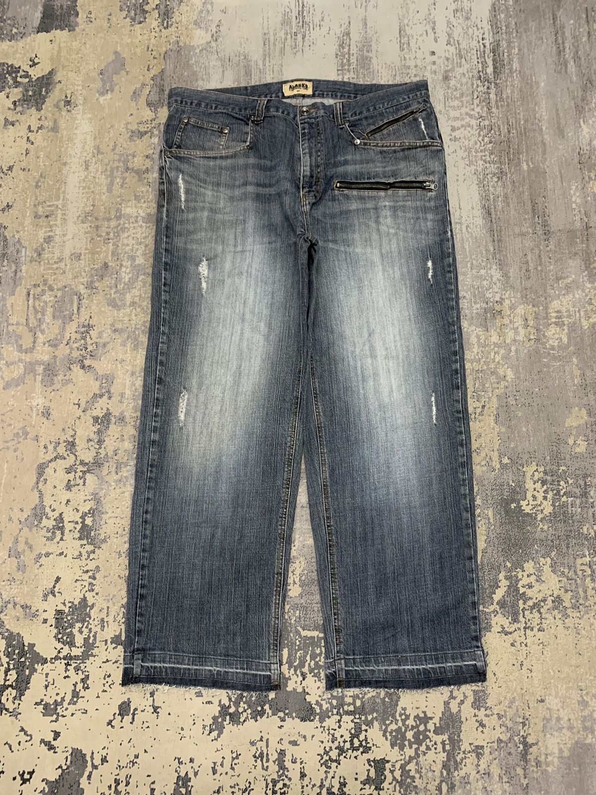 Japanese Brand Alasko Baggy Wide Leg Distressed Denim Jeans Y2K Streetwear Size US 39 - 1 Thumbnail
