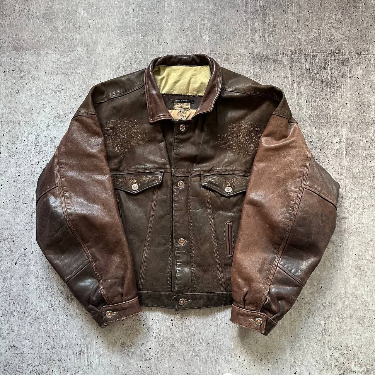 image of Leather Jacket x Vintage France Designer Vintage Leather Avant Garde Heavy Jacket in Brown Leather 