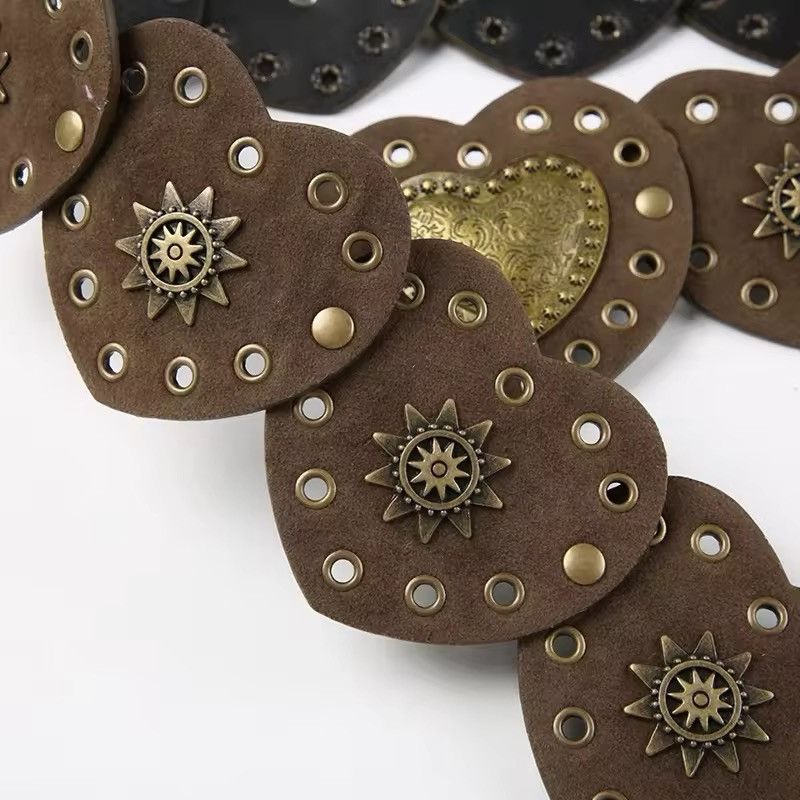 Leather Bohemian Style Brown Pinned Heart PU Leather Belts Size ONE SIZE - 6 Thumbnail