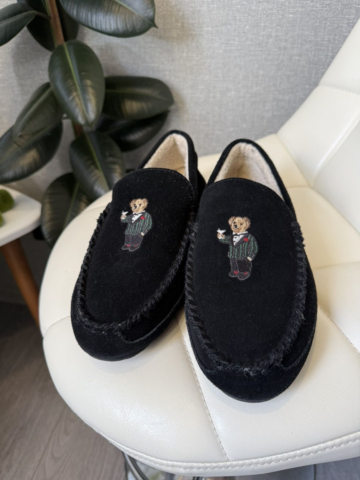 Polo Ralph Lauren Polo Bear Moccasin Slippers Mens Black Suede Shearling Shoes Size US 12 / EU 45 - 14 Thumbnail