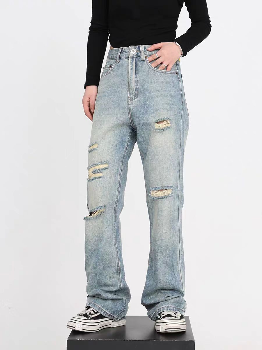 High Street Loose Straight Vintage Washed Ripped Jeans