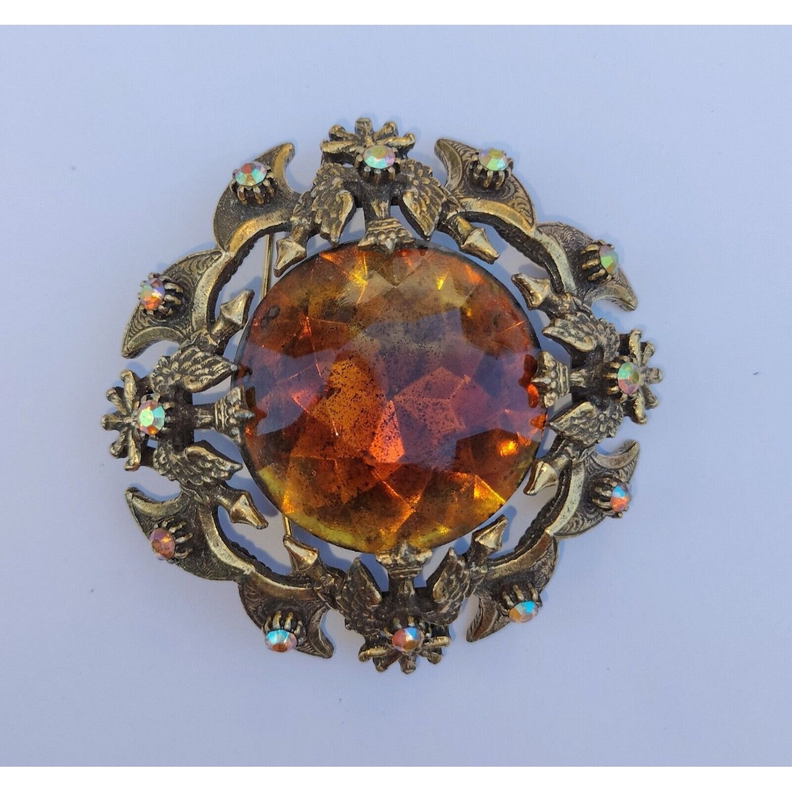 Vintage Florenza Brooch Cognac Faceted Glass AB Stones Coat Arms Pen Size ONE SIZE - 7 Thumbnail