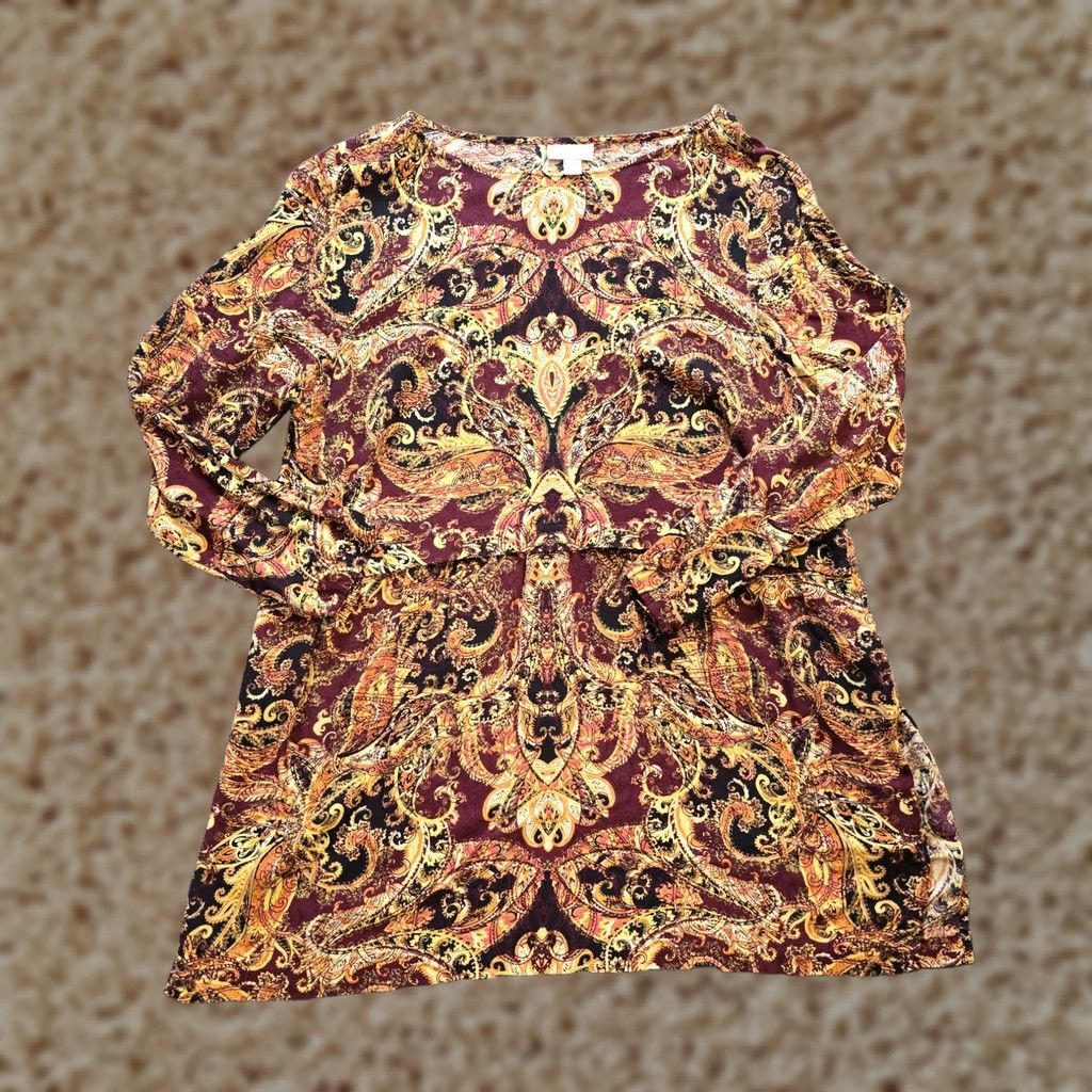 J. Jill J Jill Top Women L Brown Yellow Paisley Tunic Long Sleeve Career Casual Shirt Size L / US 10 / IT 46 - 1 Thumbnail