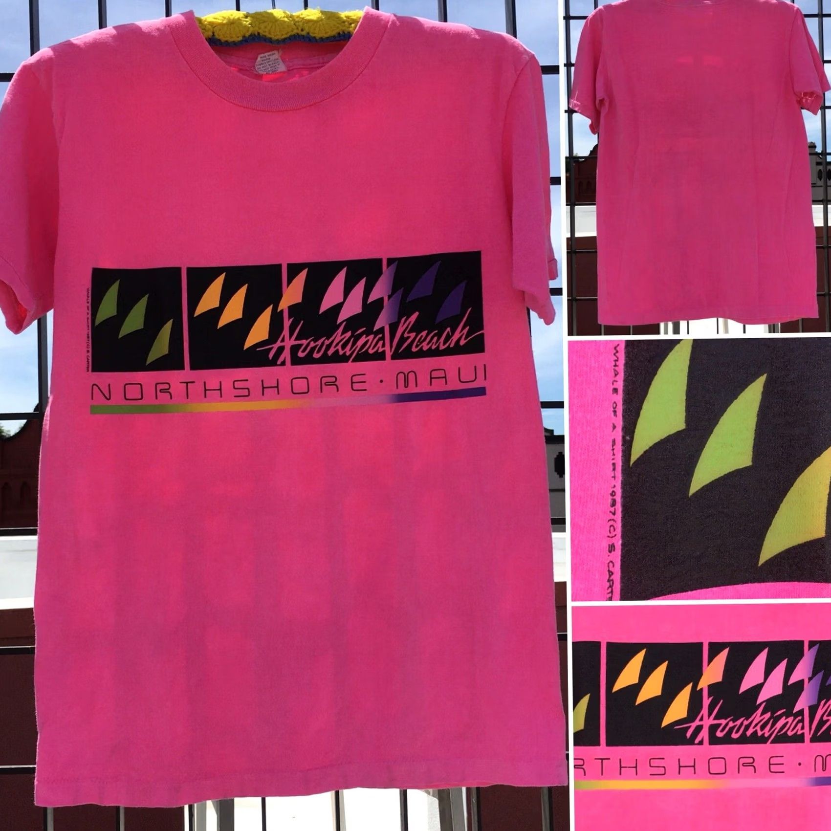 Vintage VINTAGE Hookipa Beach North Shore Maui Neon Graphics T-Shirt 1987 M Mens Short Sleeve 100% Cotton Pink Geometric 80s Graphic Tee Size US M / EU 48-50 / 2 - 3 Thumbnail