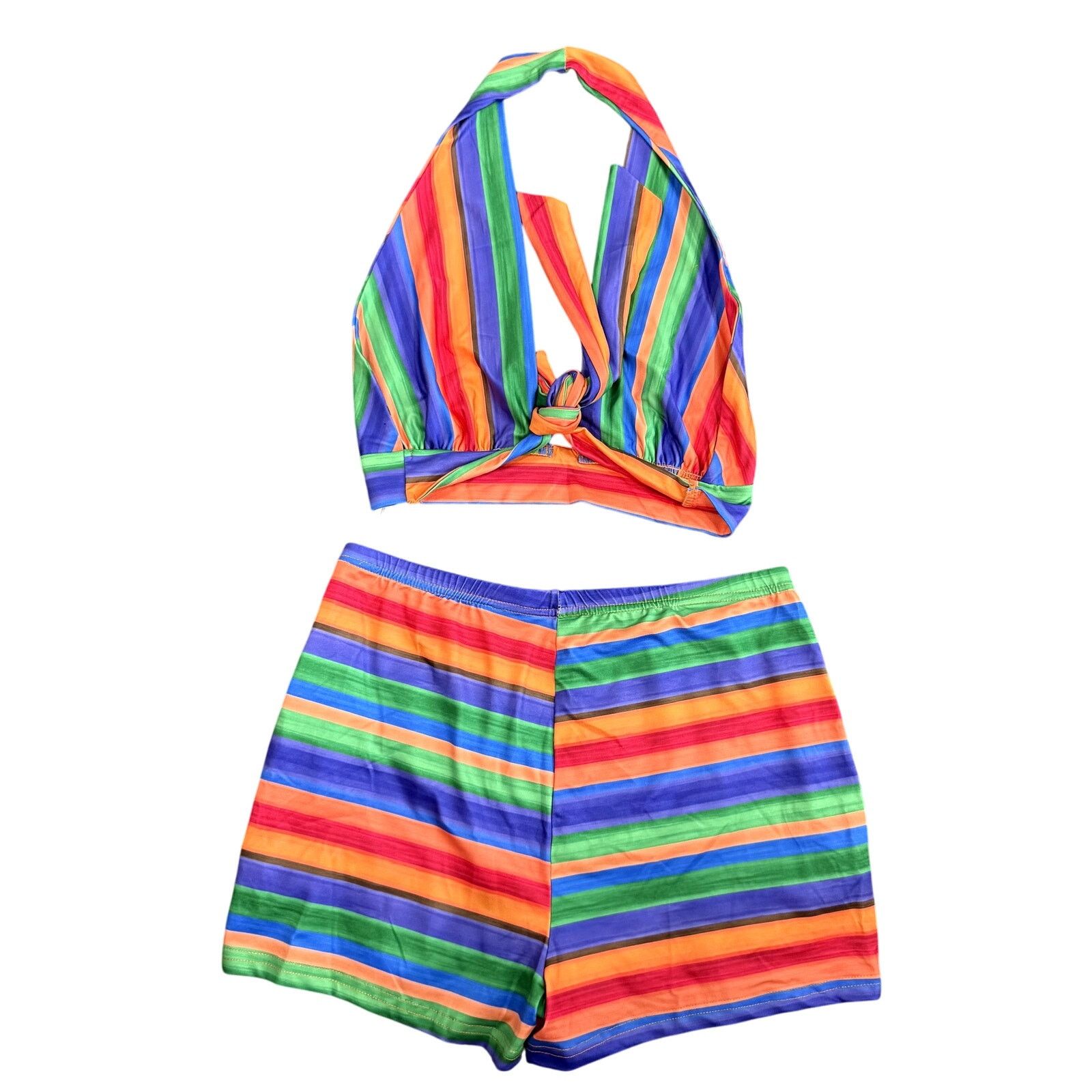 Shein Halter Top and Shorts in Multi Stripes, Size L Size 34" / US 12 / IT 48 - 2 Thumbnail