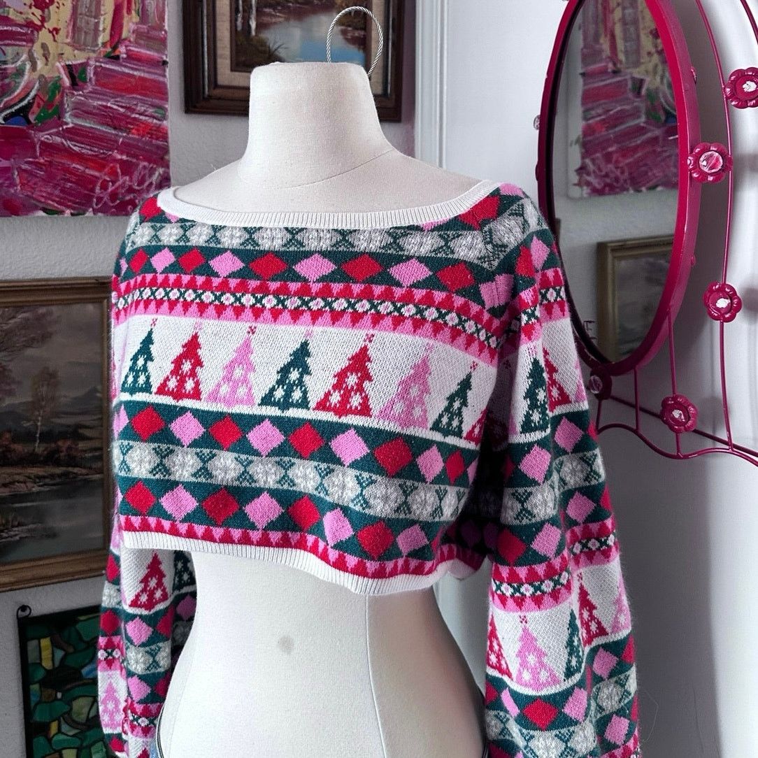 rue21 rue 21 pink white red green christmas knit cropped sweater Size M / US 6-8 / IT 42-44 - 2 Thumbnail