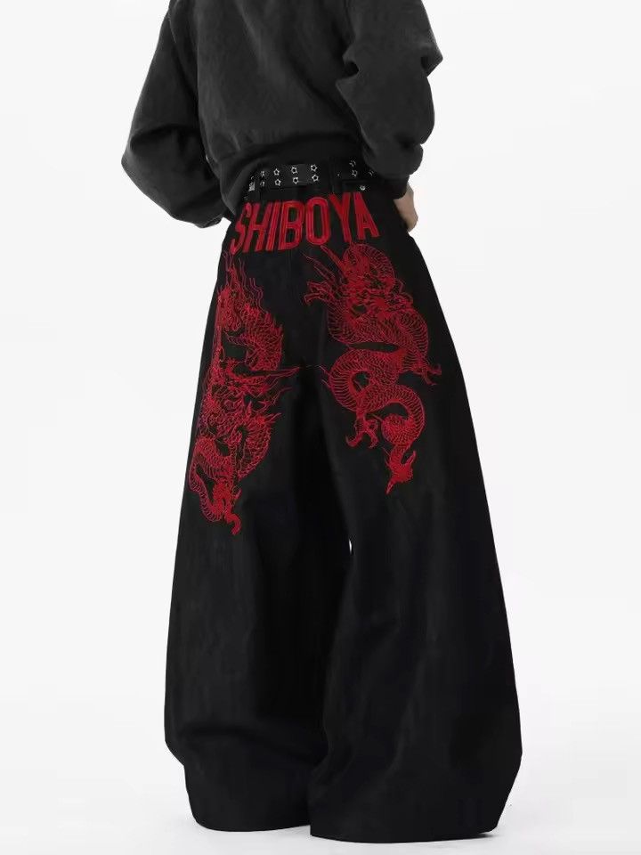Japanese Brand Extreme Wide Leg Black Jeans | Red Dragon Size US 33 - 6 Thumbnail
