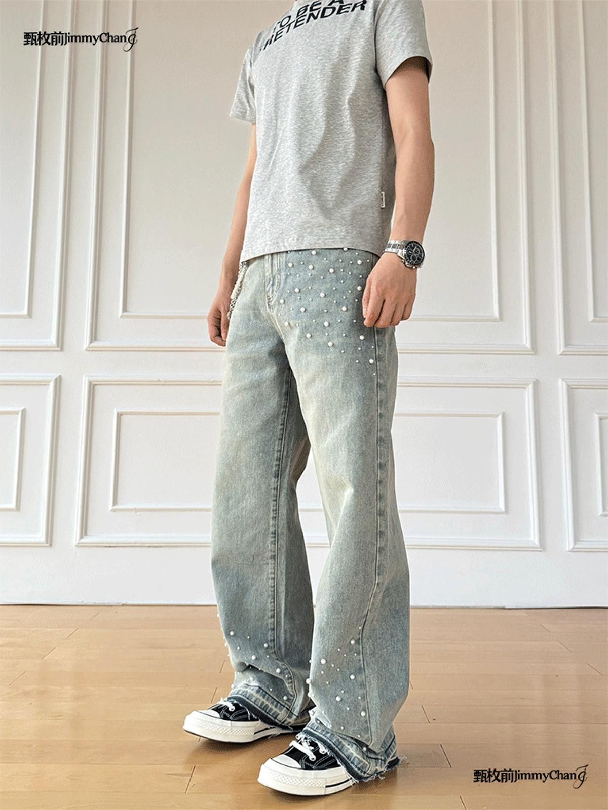 Other Distressed Wide Leg Jeans with Pearl Studs Size ONE SIZE - 6 Thumbnail