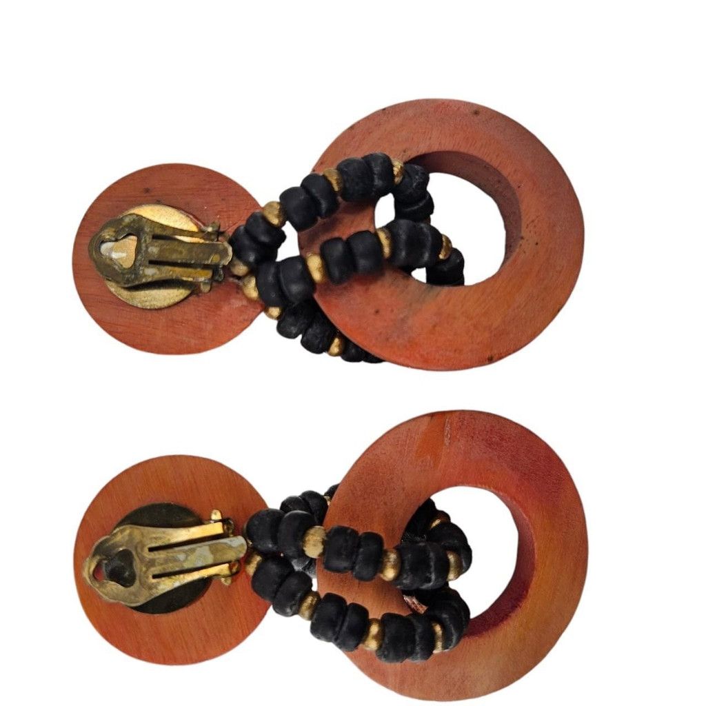 Vintage Vintage Wood Bead Dangle Clip-On Earrings Size ONE SIZE - 5 Thumbnail