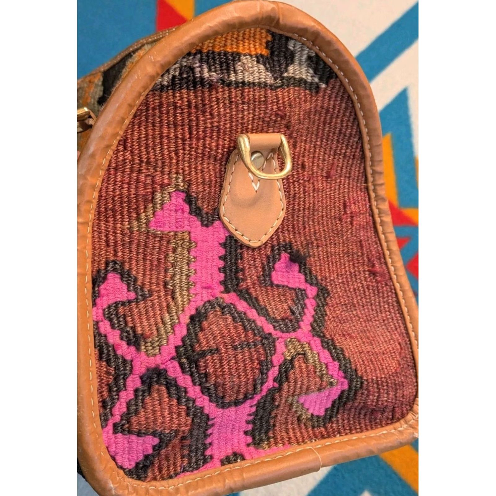 Vintage VINTAGE Durusel Hand Made Kilim Carpet Bag Purse Wool Leather Turkish 13x10" Womens Size ONE SIZE - 7 Thumbnail