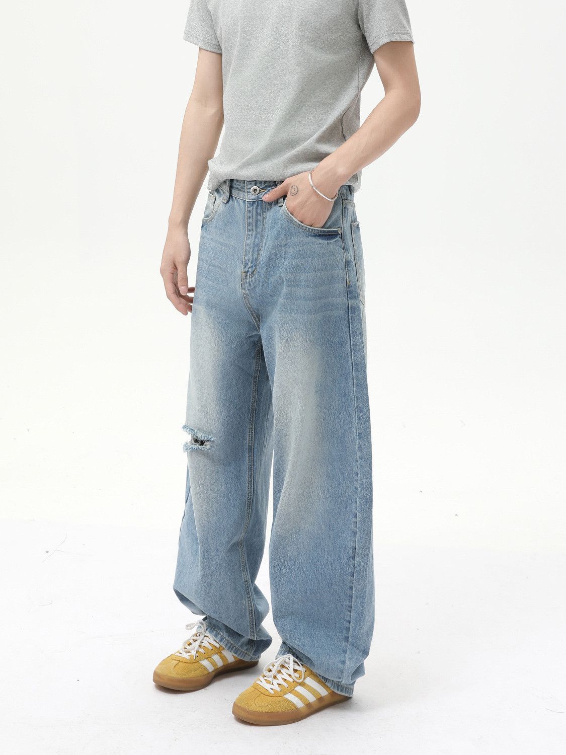 Jean Men's Japanese distressed retro loose ripped curved jeans Size US 32 / EU 48 - 3 Thumbnail