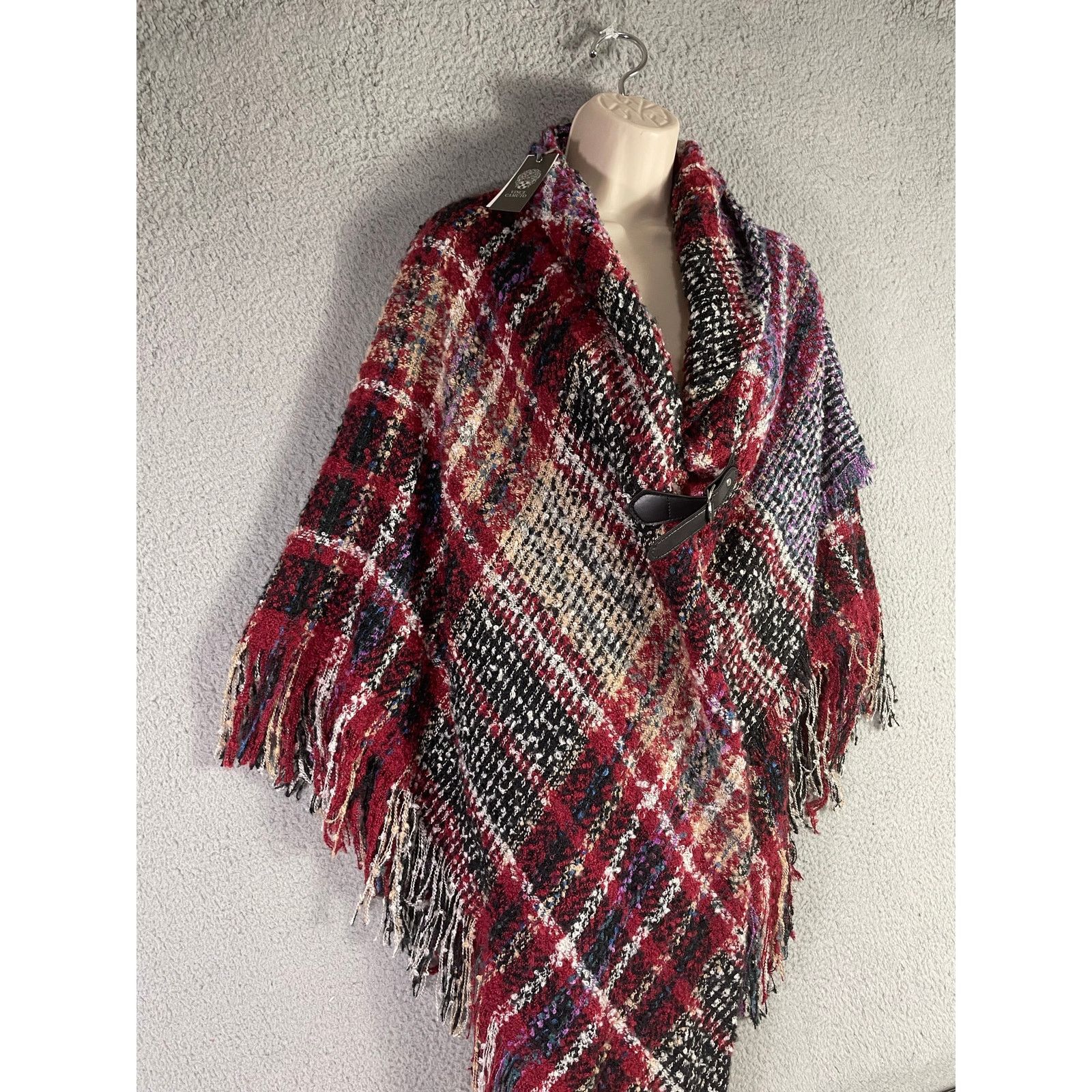 Vince Camuto Vince Camuto Wine Plaid Fringed Shawl Wrap Poncho OS Size ONE SIZE - 3 Thumbnail
